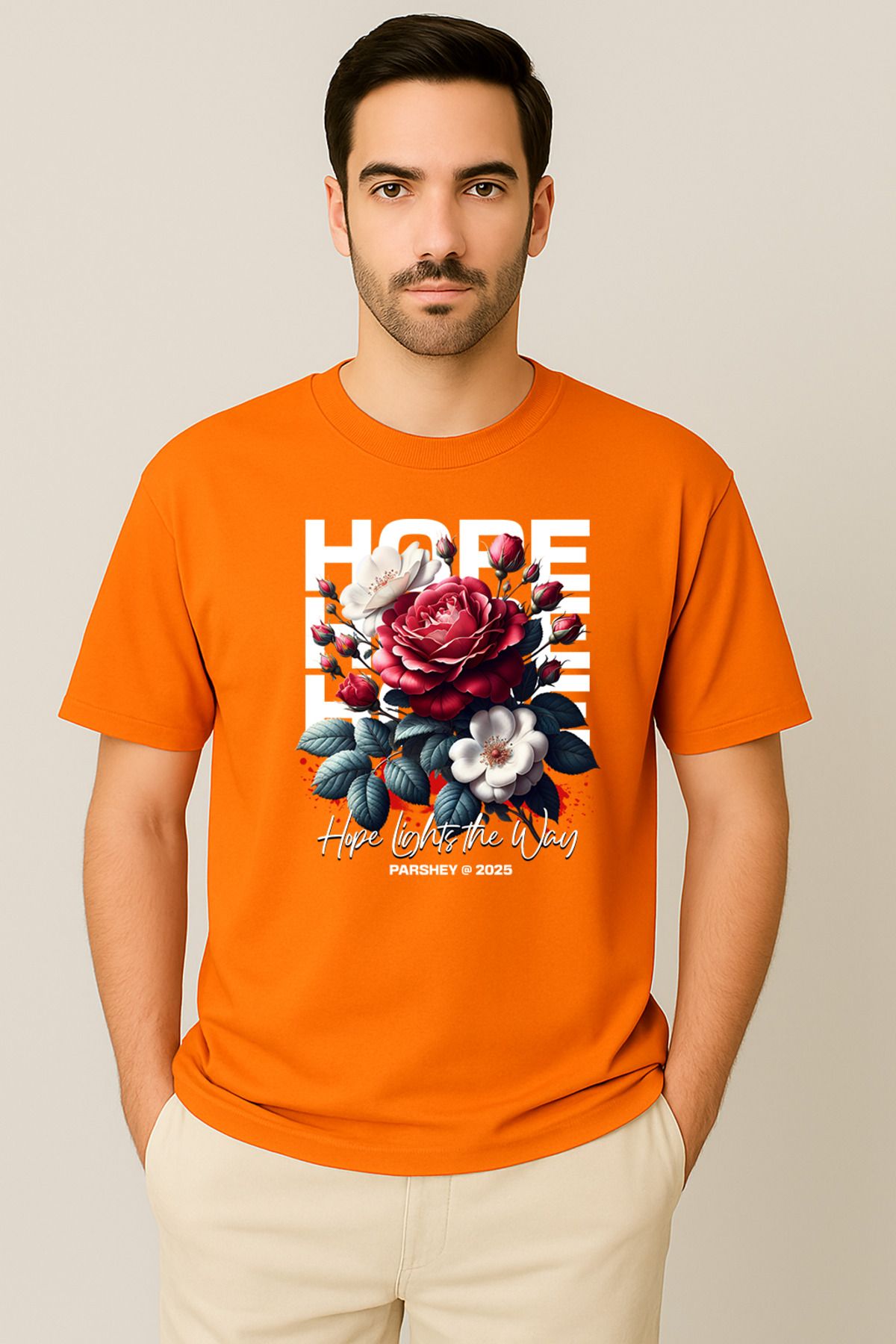 PARSHEY Erkek - Kadın %100 Pamuk Hope Gül Desenli Baskılı Yarım Kollu Bisiklet Yaka T-Shirt