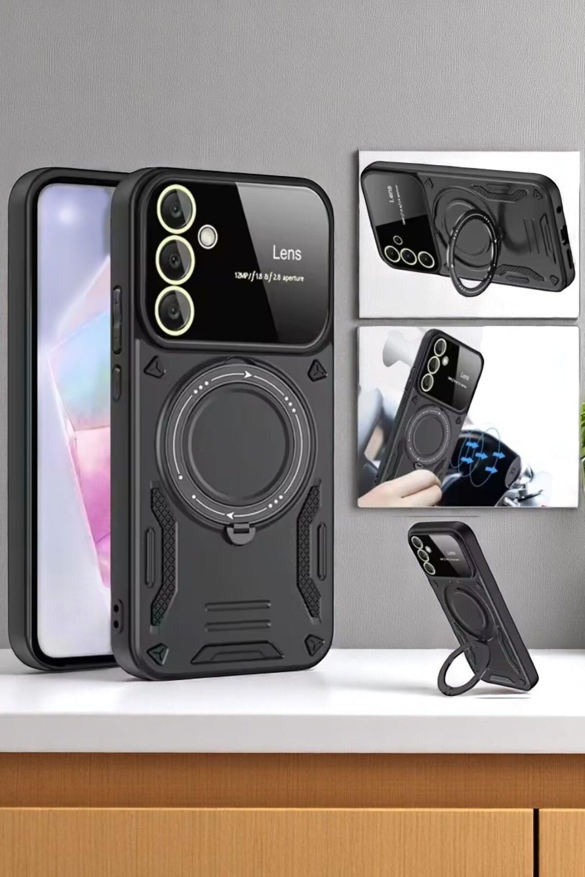 AKSEFİZZ Samsung Galaxy A56 Uyumlu Kılıf Kamera Lens Korumalı Magsafe Yüzüklü Standlı Kapak