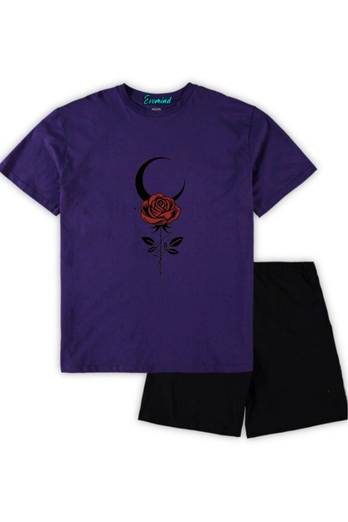 artı4 Gül ve Ay Baskılı Unisex Şort T-shirt Takım