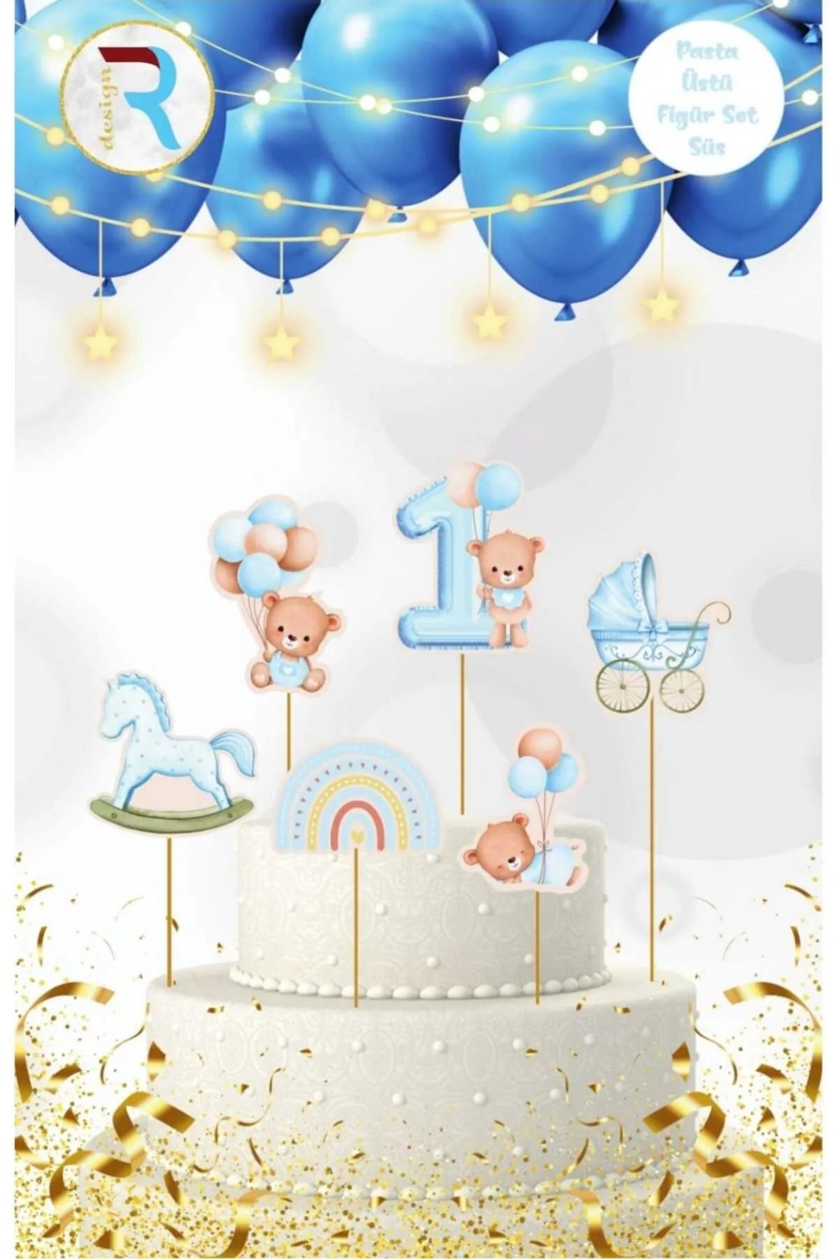 asöy Pasta süsü 1 yaş One Pasta süsü Mavi 6 Adet Fiğür Ayıcık Balon Figürlü Kürdan Pasta Süsü Cake Topper