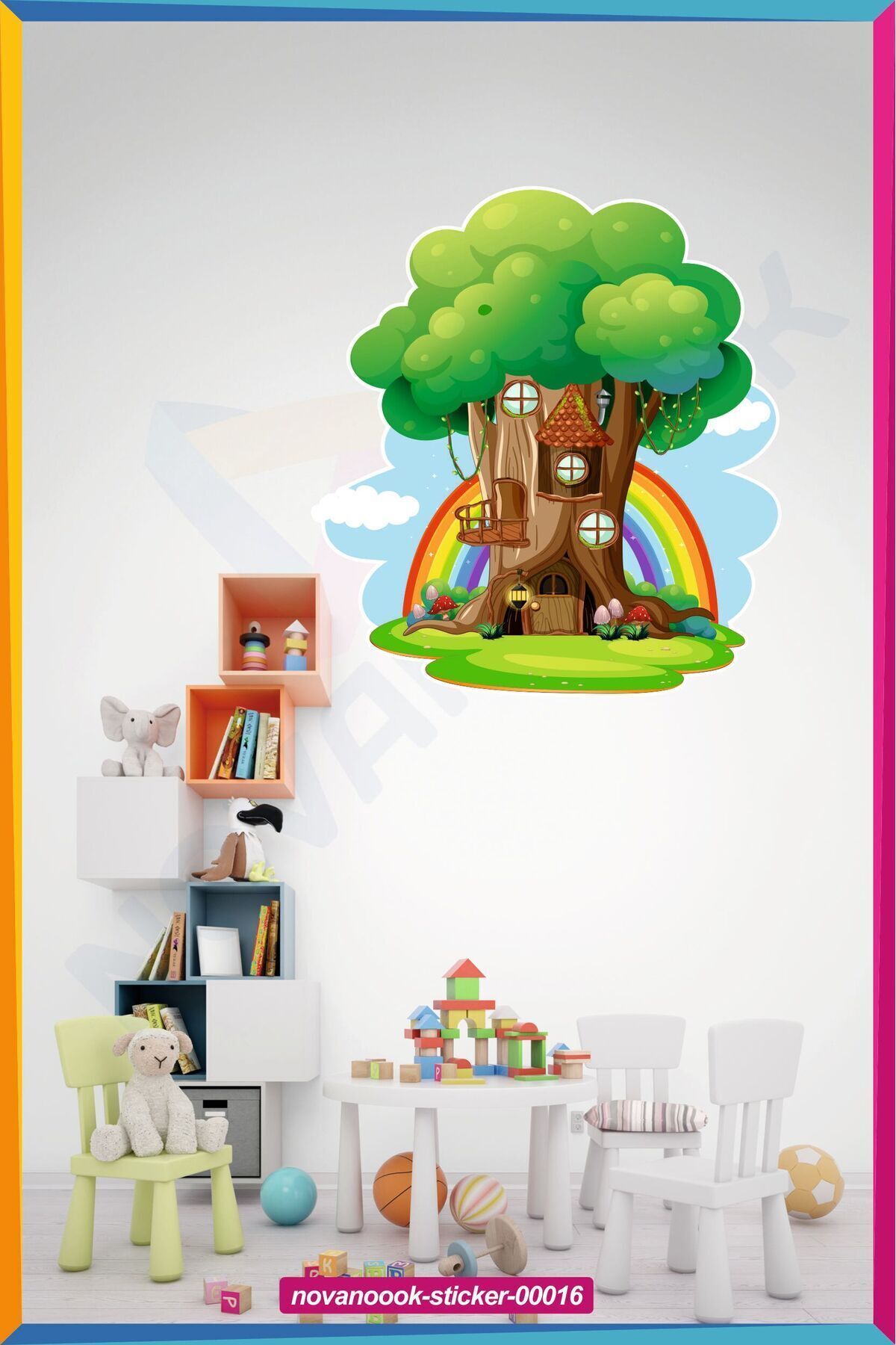 GSticker Anaokulu Kreş Gökkuşağı Sevimli Ağaç Evi Duvar Sticker Seti