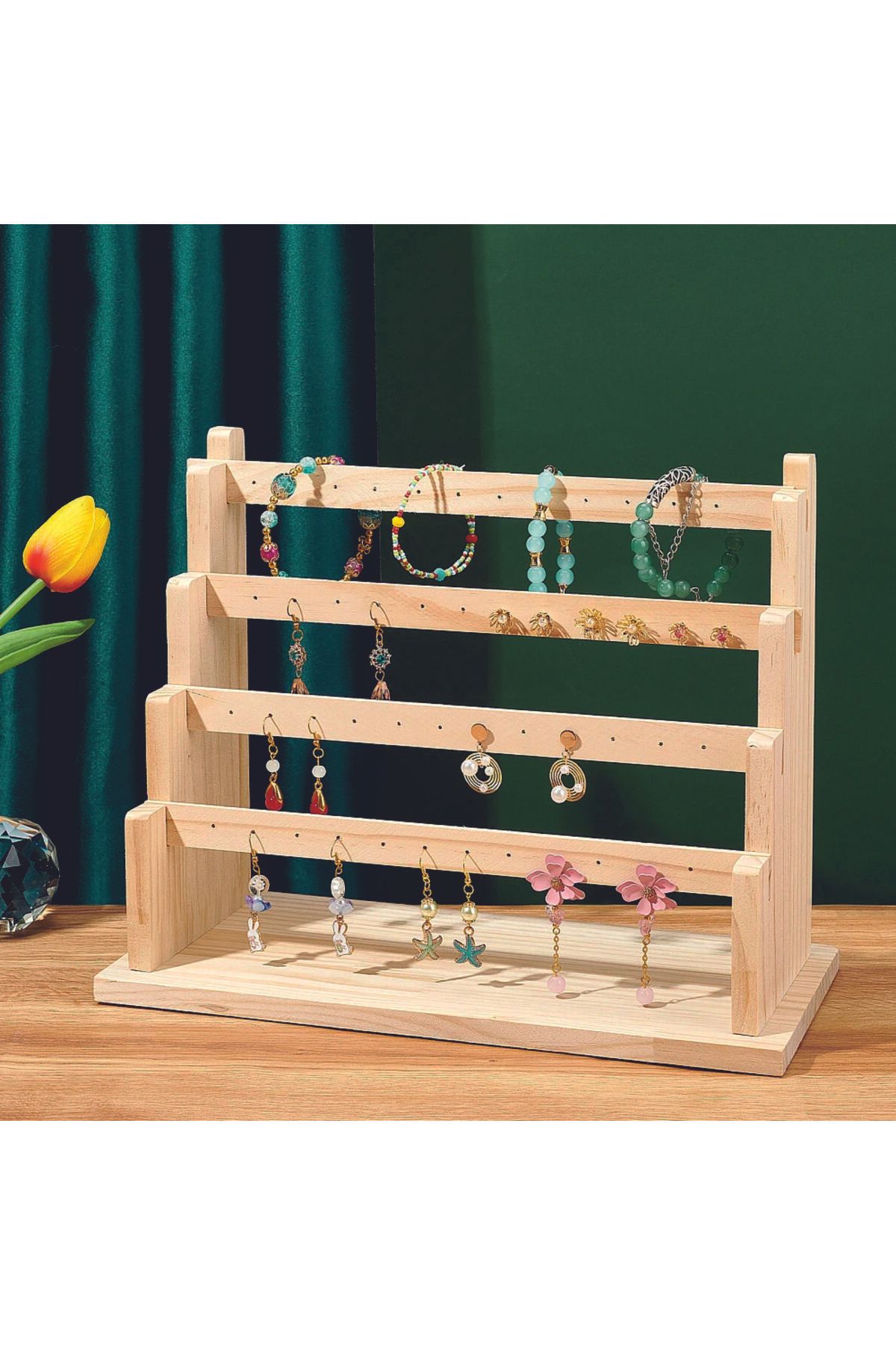 Tiydem Kolye Küpe Bileklik Bilezik Standı, Ahşap Takı Sergileme Standı, 4 Kademeli Takı Stand