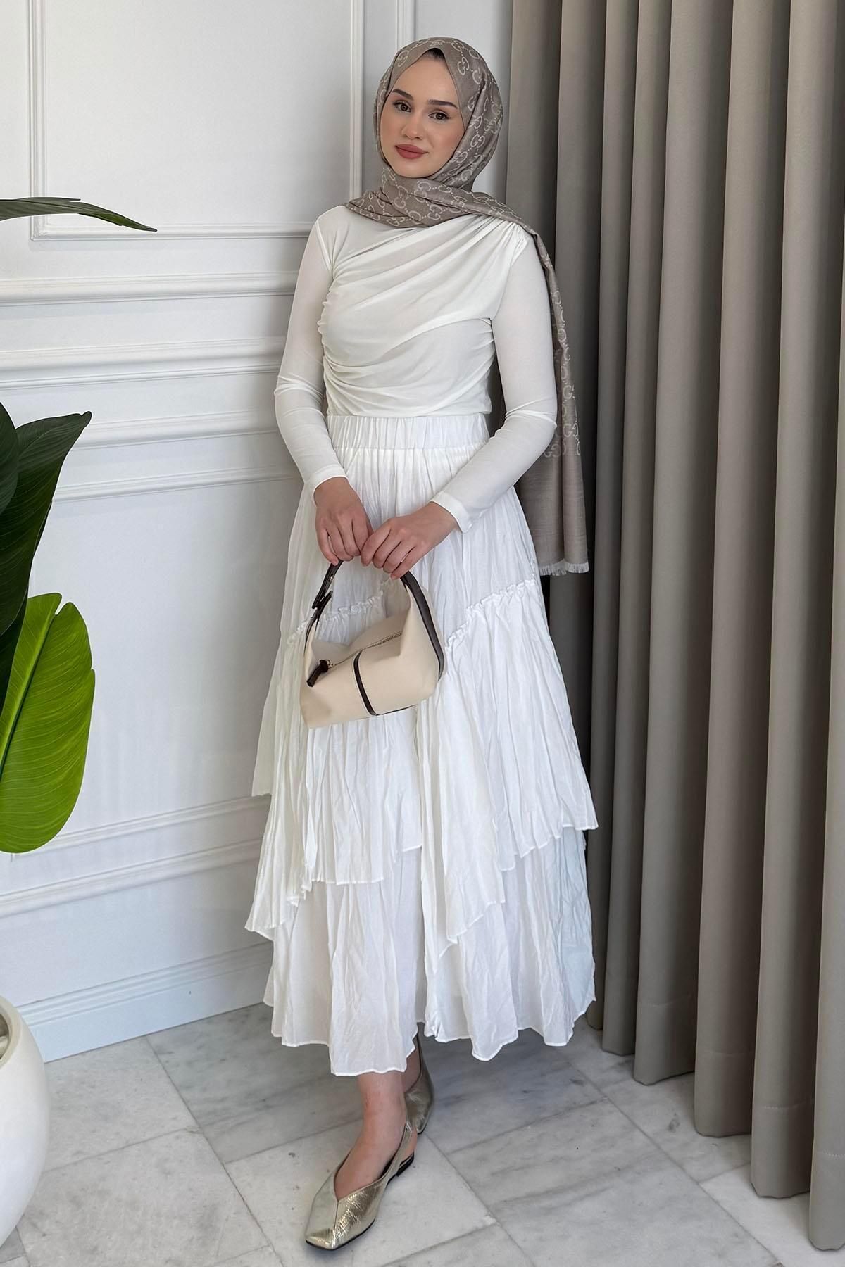 Beige Store Drape Bluz Beyaz