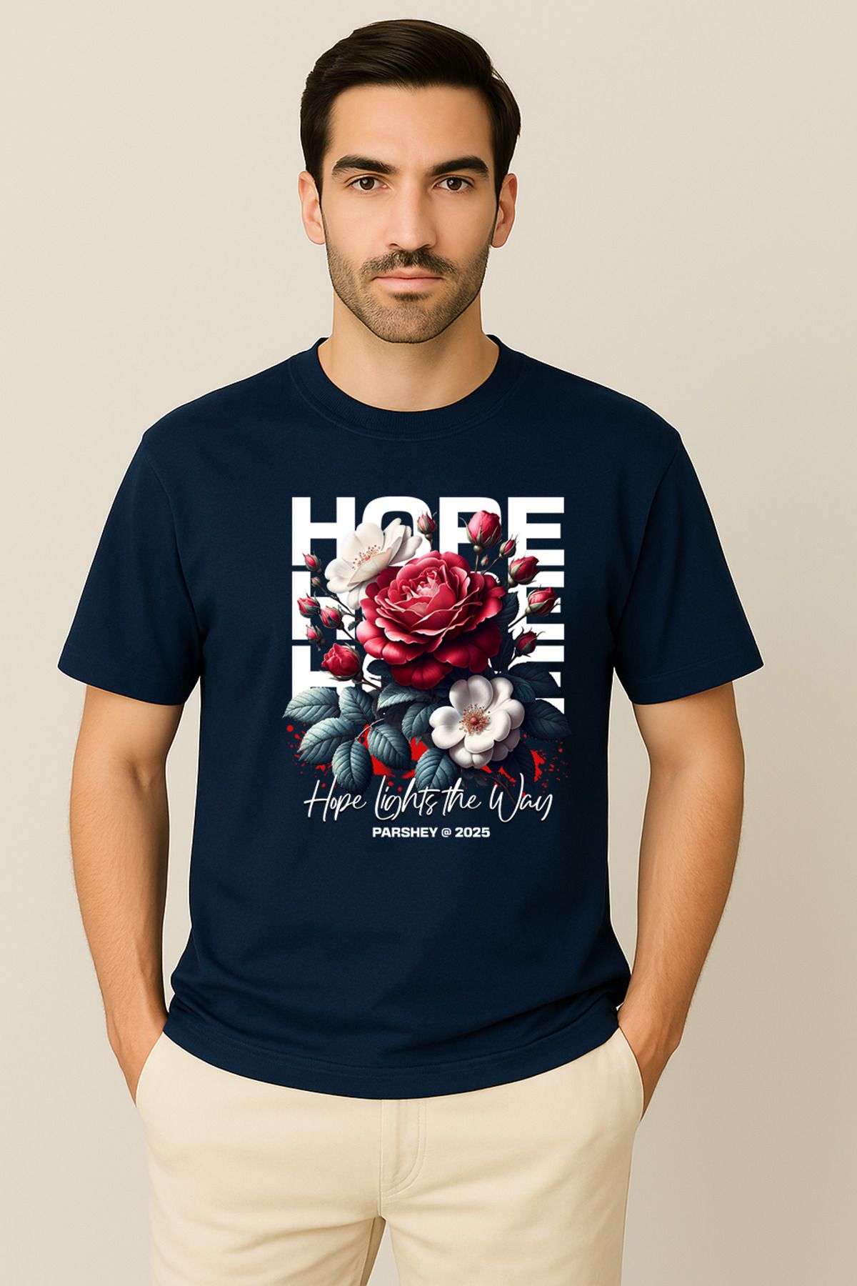PARSHEY Erkek - Kadın %100 Pamuk Hope Gül Desenli Baskılı Yarım Kollu Bisiklet Yaka T-Shirt