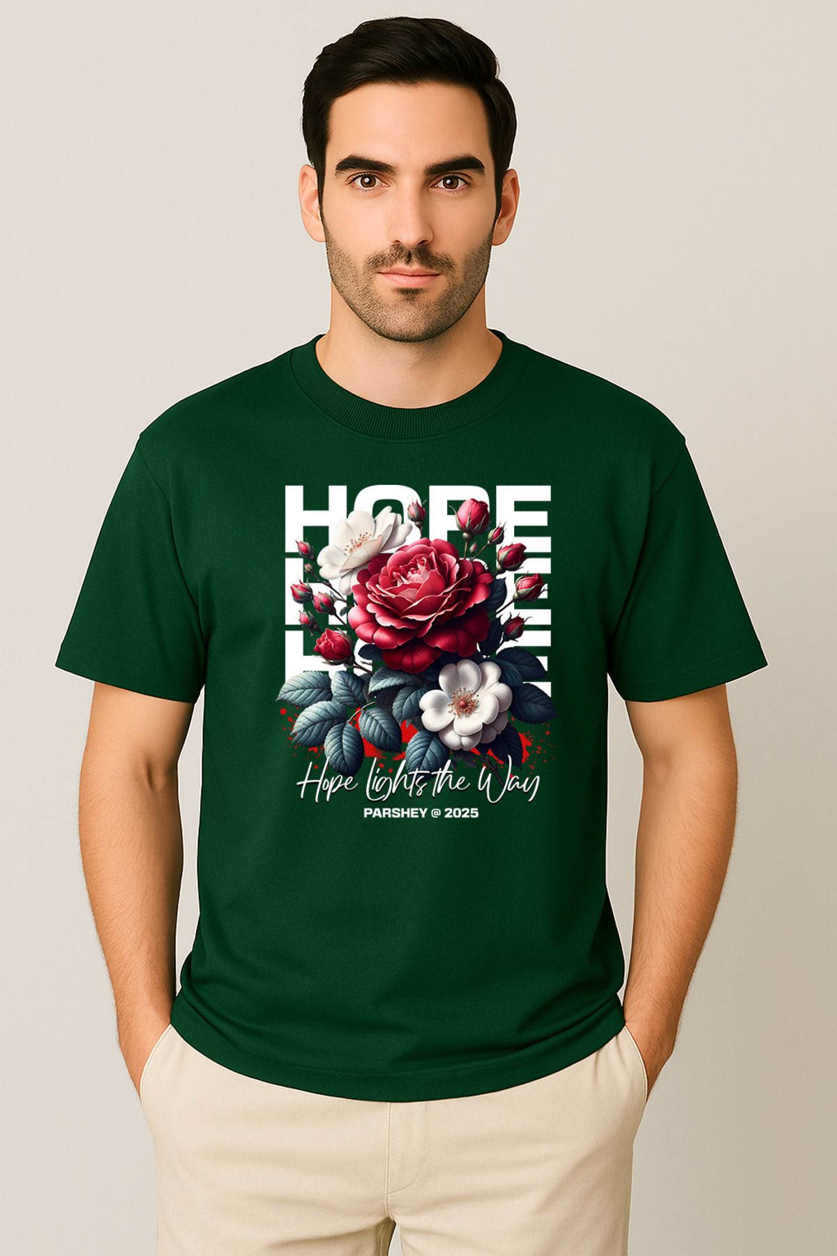 PARSHEY Erkek - Kadın %100 Pamuk Hope Gül Desenli Baskılı Yarım Kollu Bisiklet Yaka T-Shirt