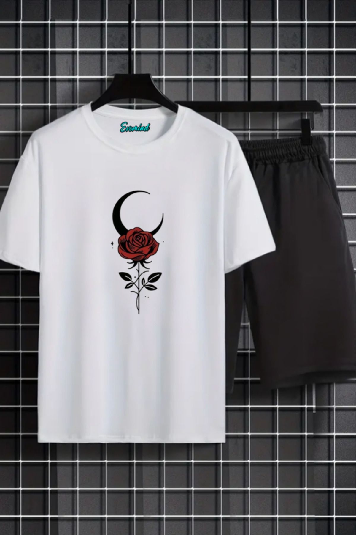 artı4 Gül ve Ay Baskılı Unisex Şort T-shirt Takım