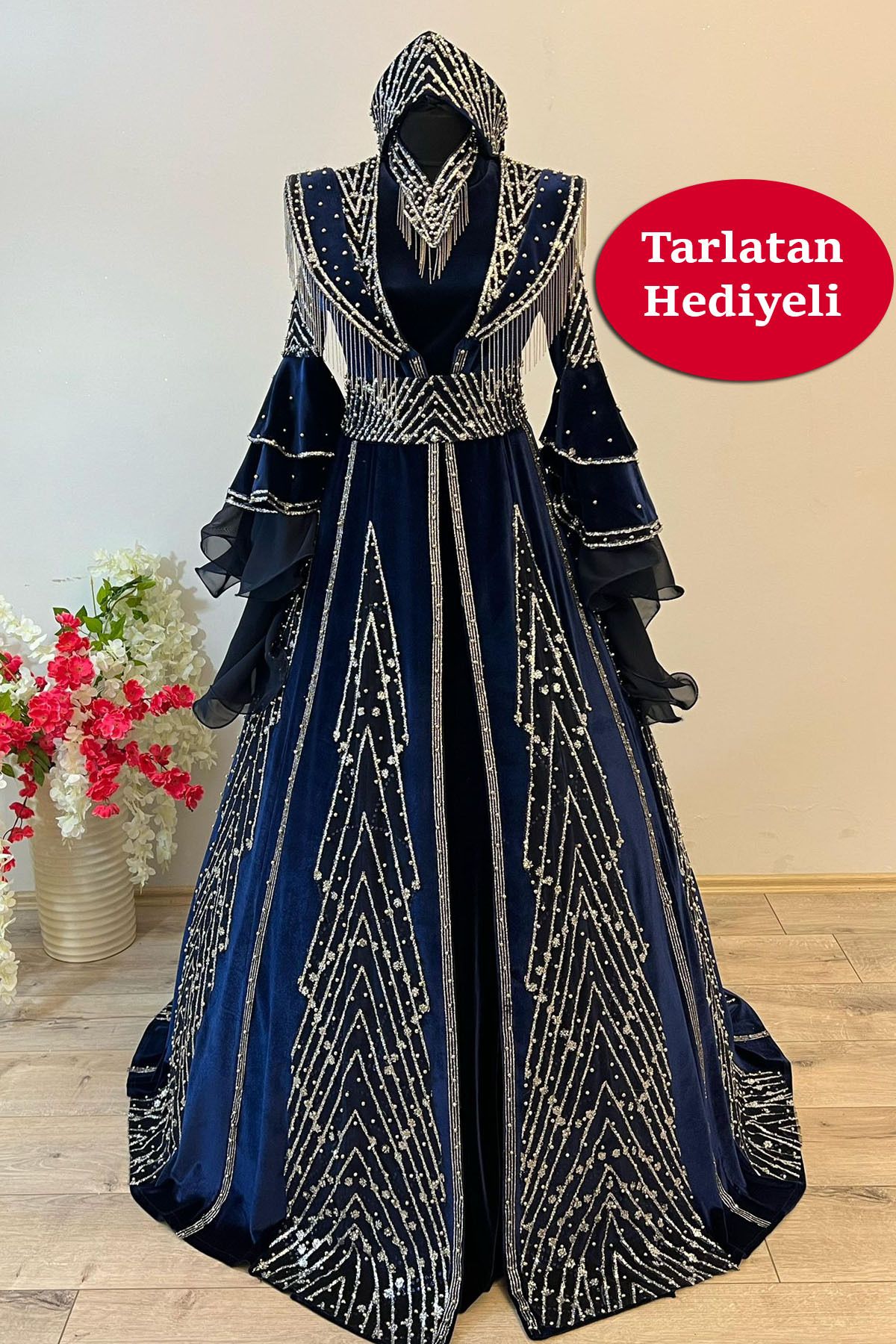 ZK ZÜMRÜT KAFTAN Lacivert Kaftan Tesettür Bindallı Kına Gecesi Bindallısı Abiye Gelin Elbisesi + Tarlatan Hediye