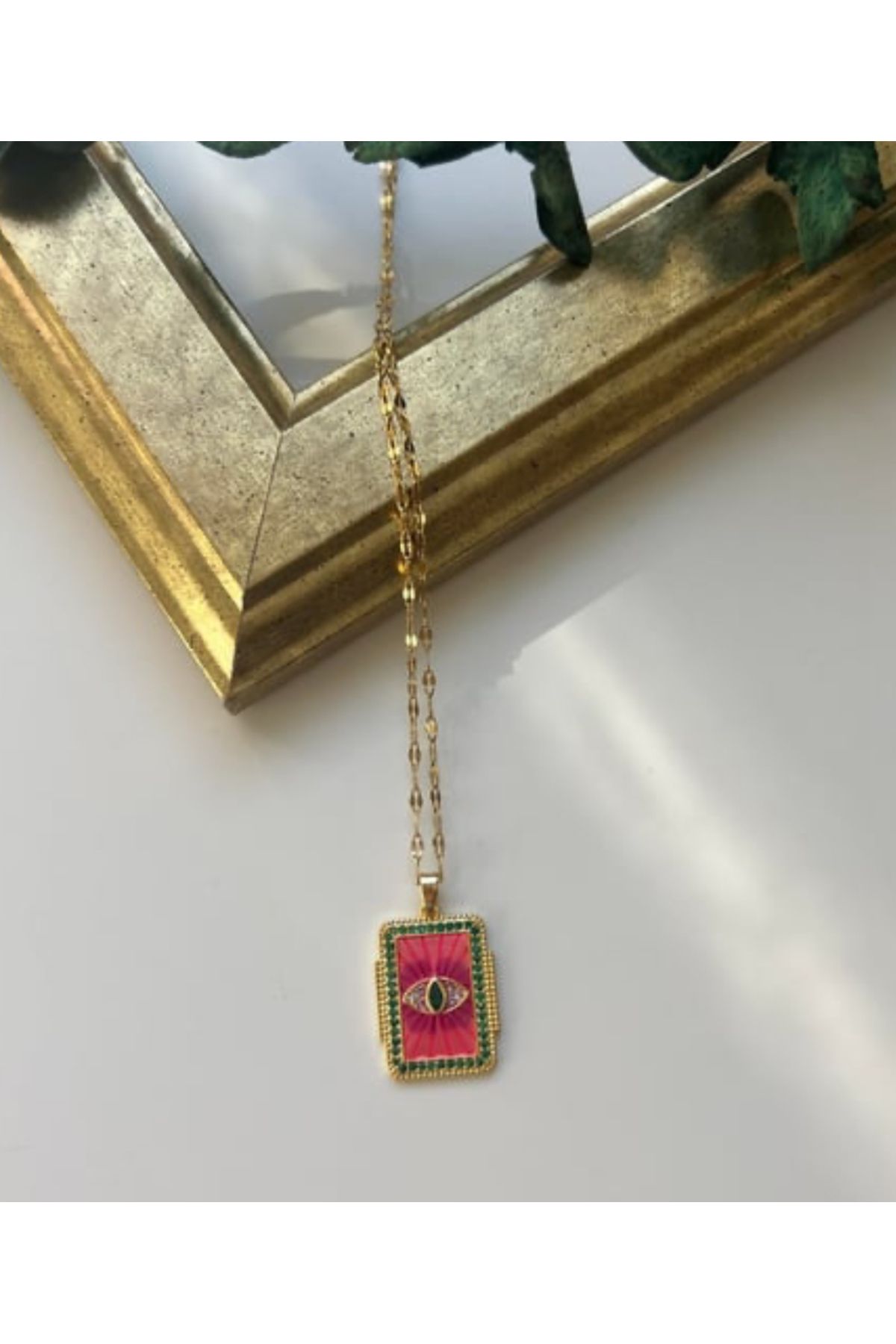 HND collection Pembe Göz Figürlü Gold Renk Çelik Kolye Nazar Koruyucu Modern Tasarım