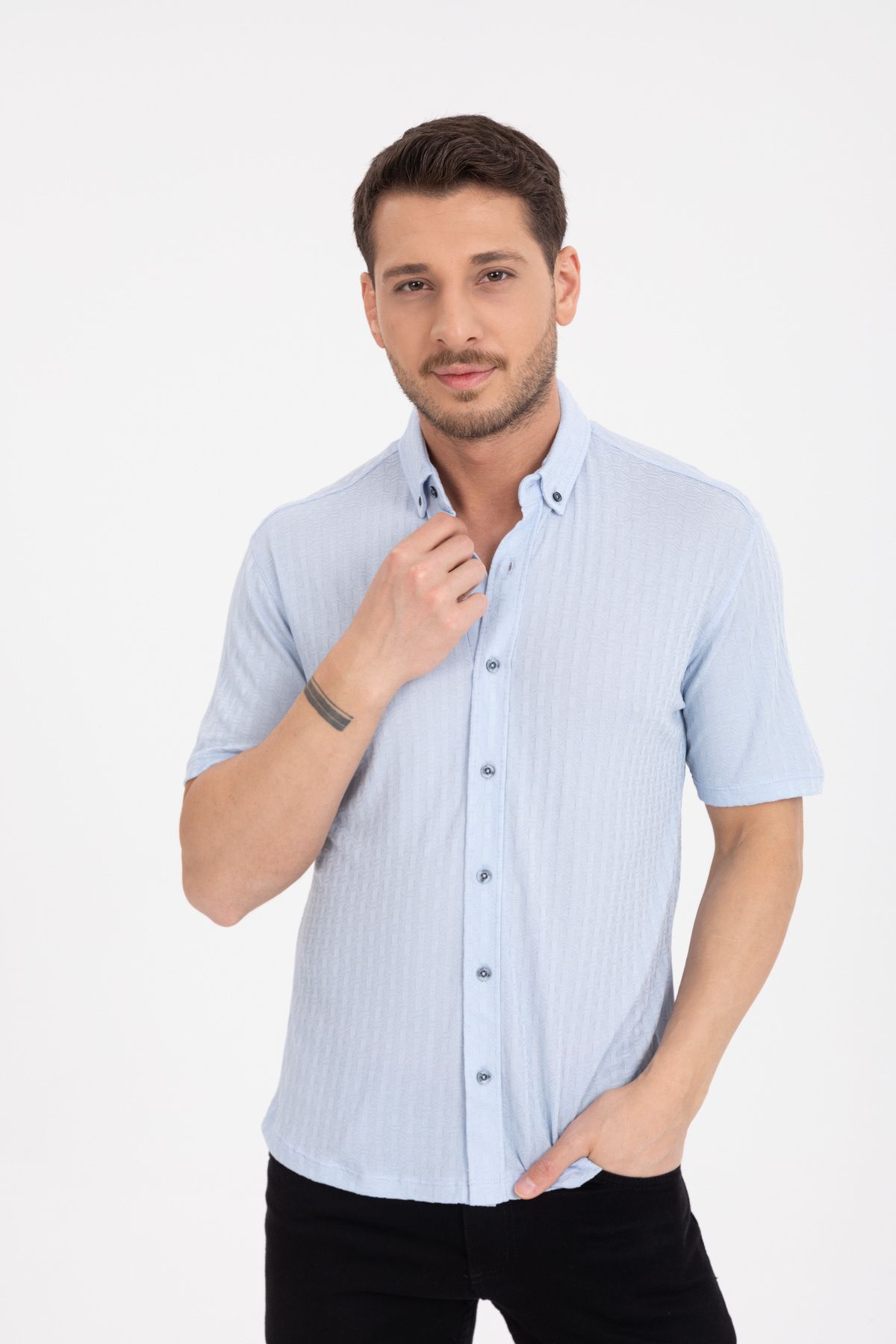 Klothy Erkek Kısa Kol Slim Fit Örme Gömlek 2613