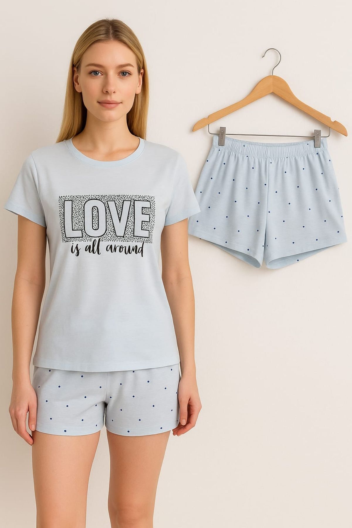 ELİTOL %100 Pamuk Mavi Kadın Şortlu Yazlık Pijama Takımı