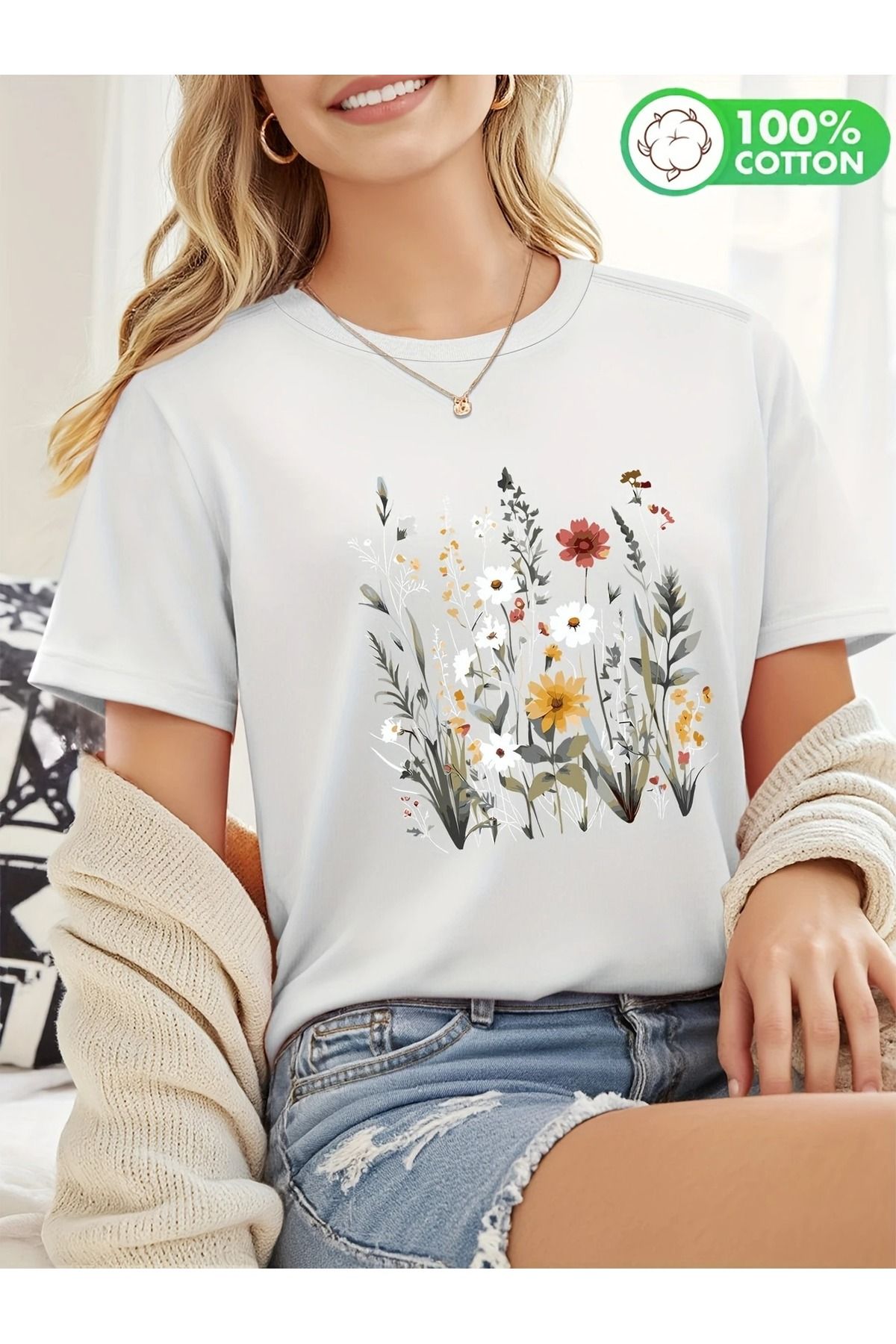 PALPİTO Kadın Beyaz Fidanlar Baskılı Oversize T-Shirt