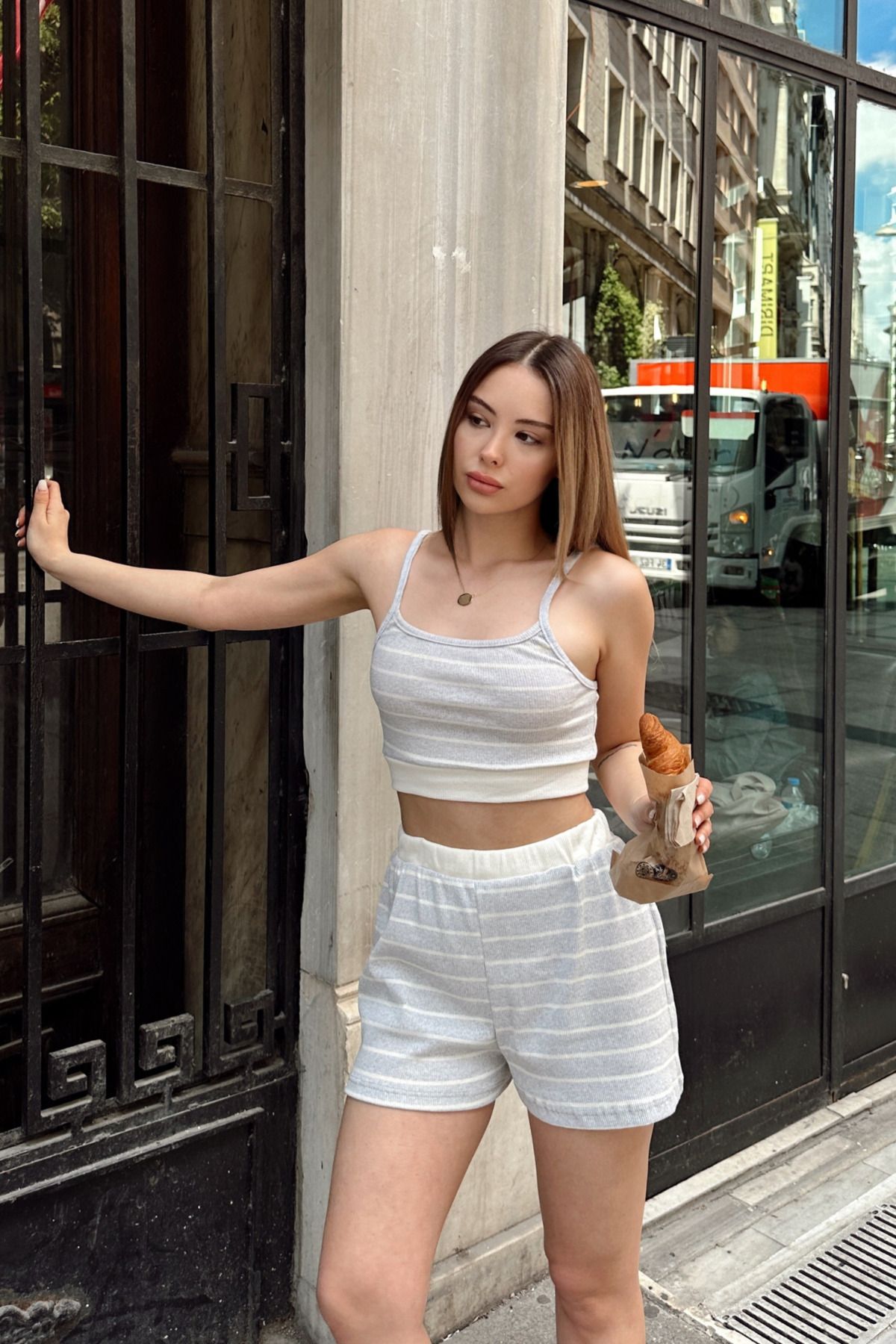 Siner Fashion Kadın Çizgili Atlet Şort Alt Üst Takım
