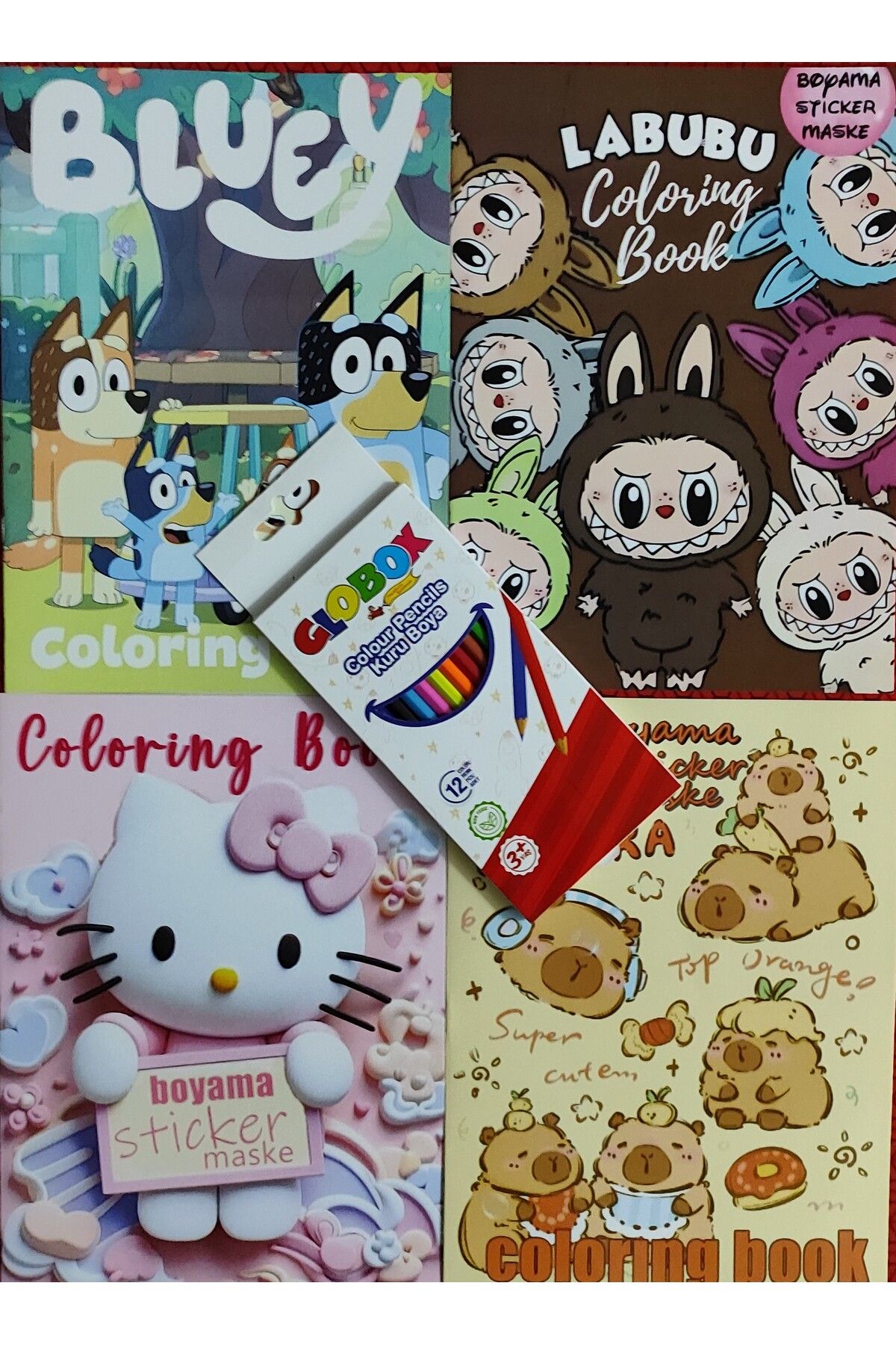 ada çanta kırtasiye 4 adet stickerli boyama kitabı 12 li kuru boya kalemi hediyeli(Labubu/Bluey/Capybara/hello kitty)X22