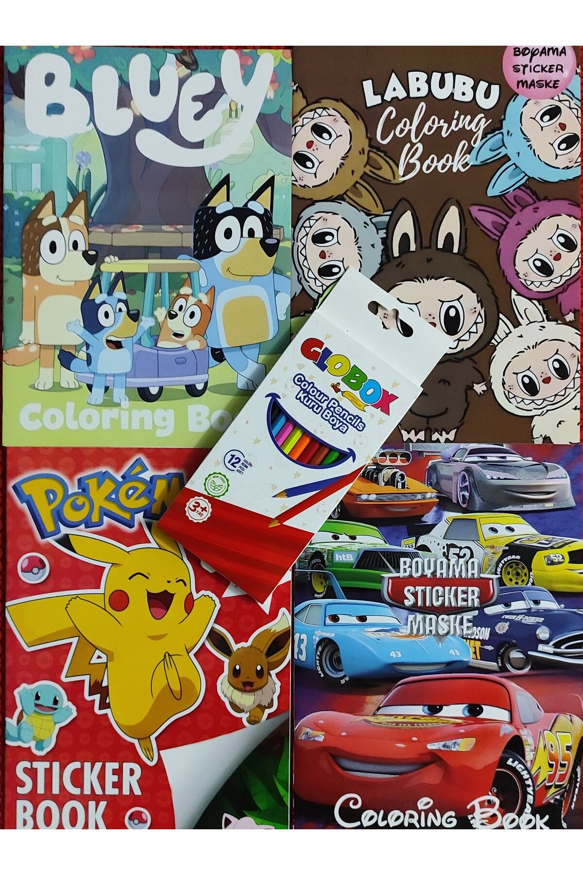 ada çanta kırtasiye 4 adet stickerli boyama kitabı 12 li kuru boya kalemi hediyeli (Labubu/Bluey/arabalar/pocemon)X21