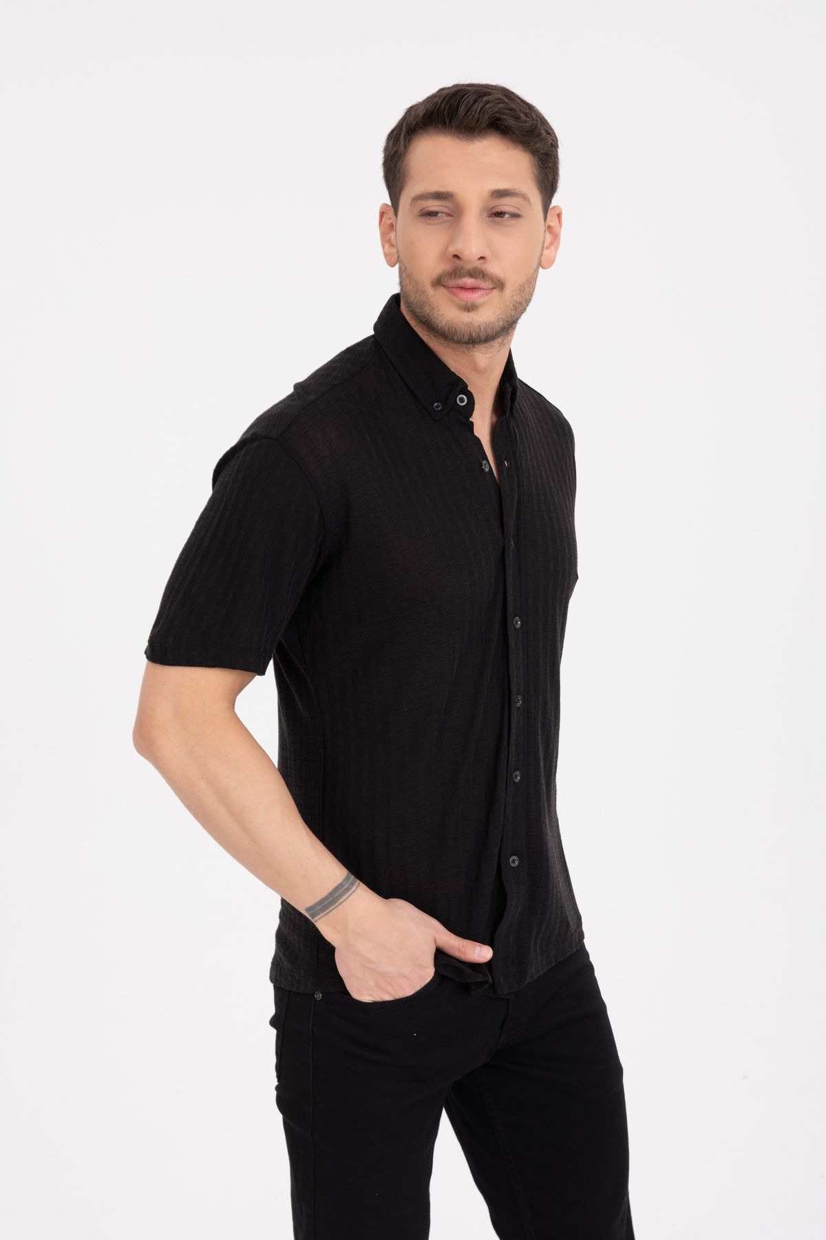 Klothy Erkek Kısa Kol Slim Fit Örme Gömlek 2613