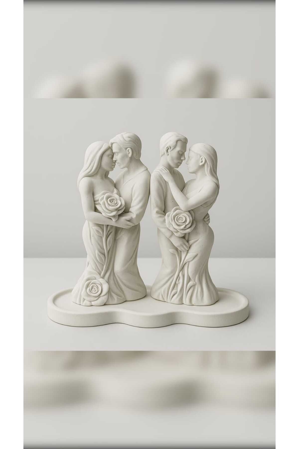 GİTTİGİTTİ El Yapımı Çiçekli Çift Biblo ve Dekoratif Tepsi Seti (6 x 9 cm) beyaz