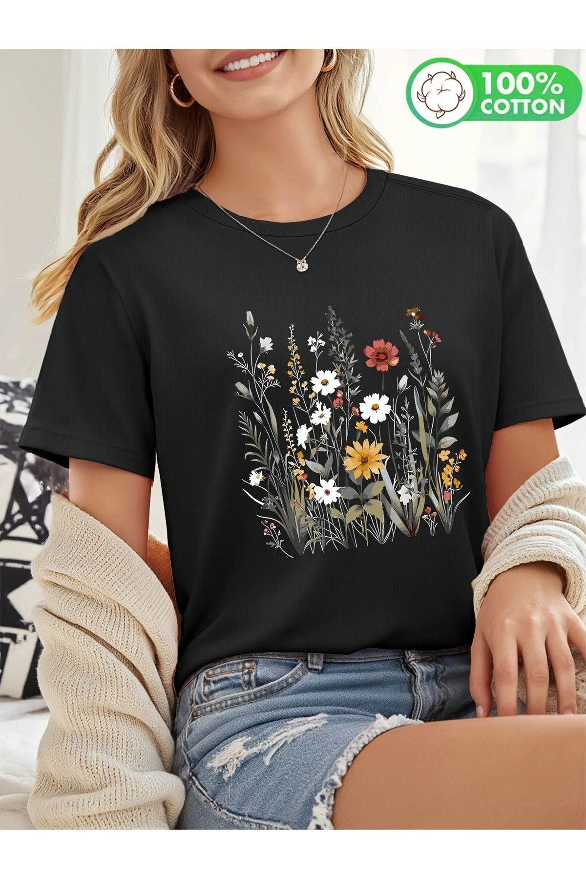 PALPİTO Kadın Siyah Fidanlar Baskılı Oversize T-Shirt