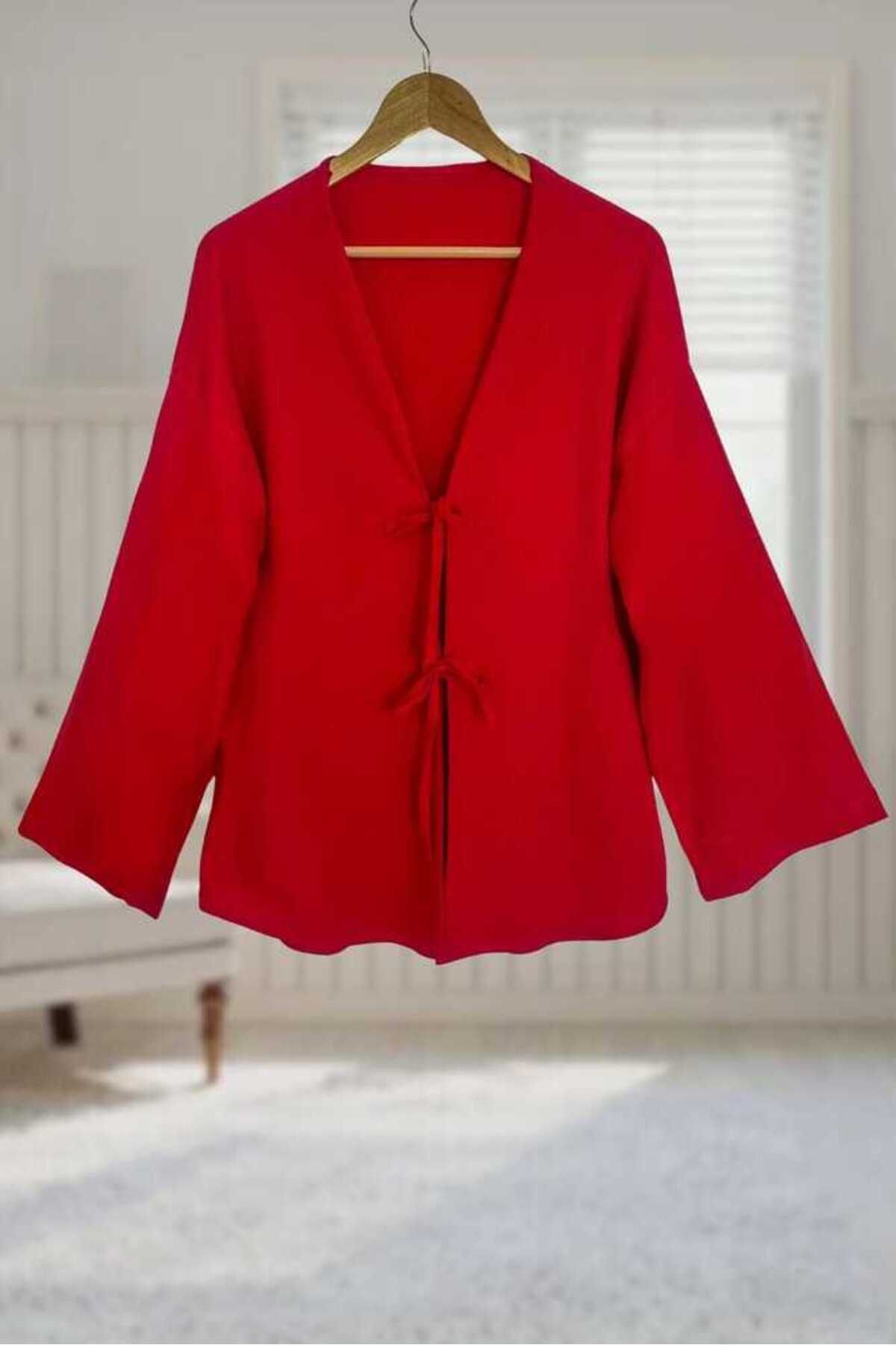 Aişe tesettür Kırmızı Önü Bağlamalı Kimono Tunik / Likralı Bürümcük Kumaş
