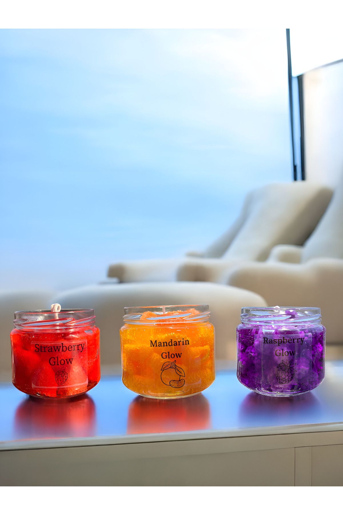 LUMİNARY CANDLE 3 lü Çilek, Mandalina ve Ahududulu Jel Mum Seti