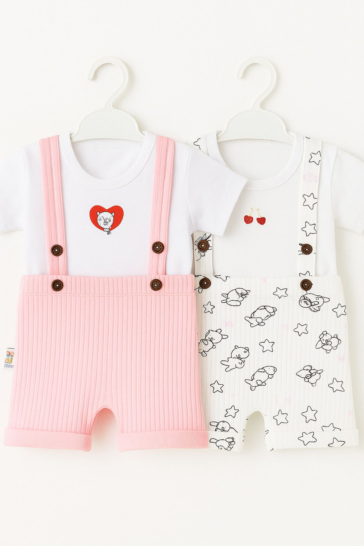 LITTLE&CO 2 Adet Bebek 100&100 Pamuk Askılı Badili Ribana Tulum 0-24 Ay Bebek Tulum Seti
