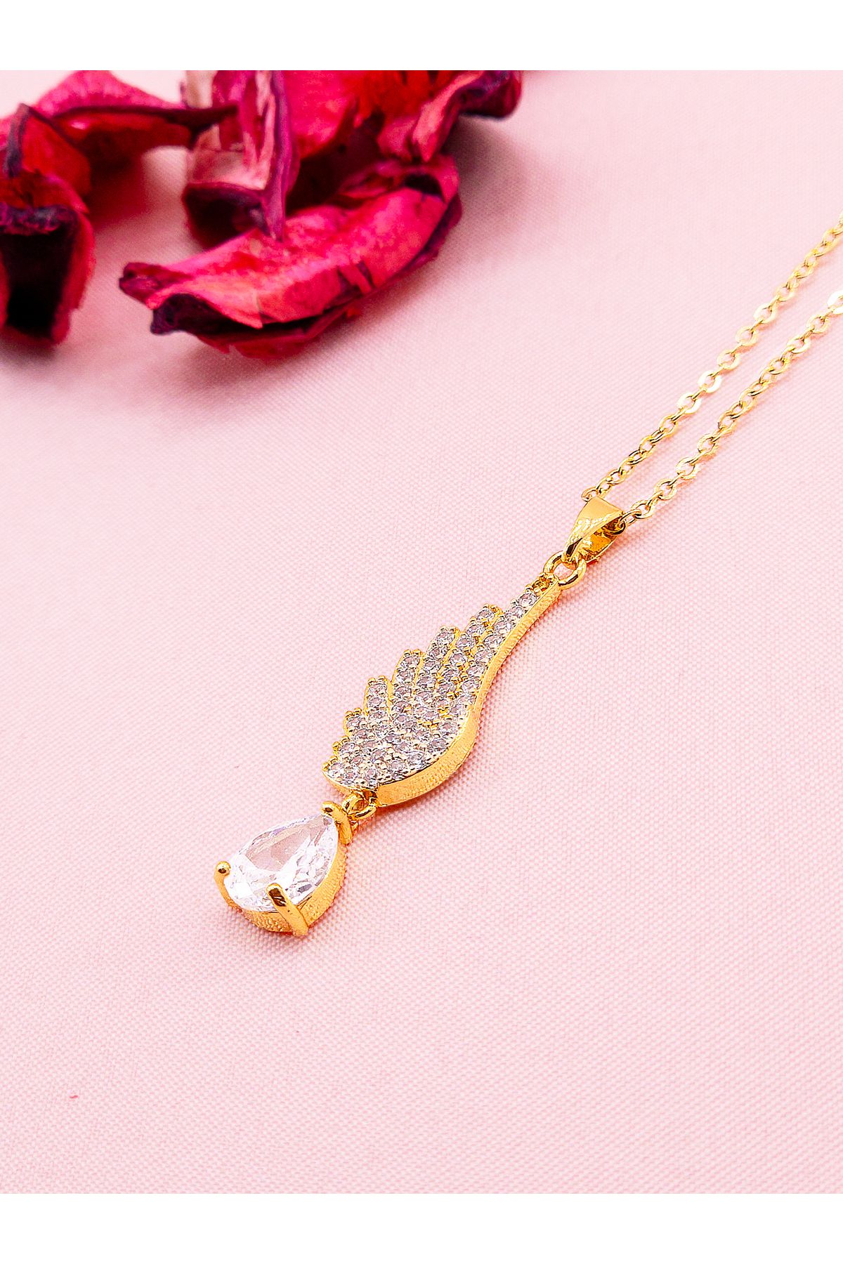 luree accessories Damla Taş Motifli Melek Kanat Çelik Kolye