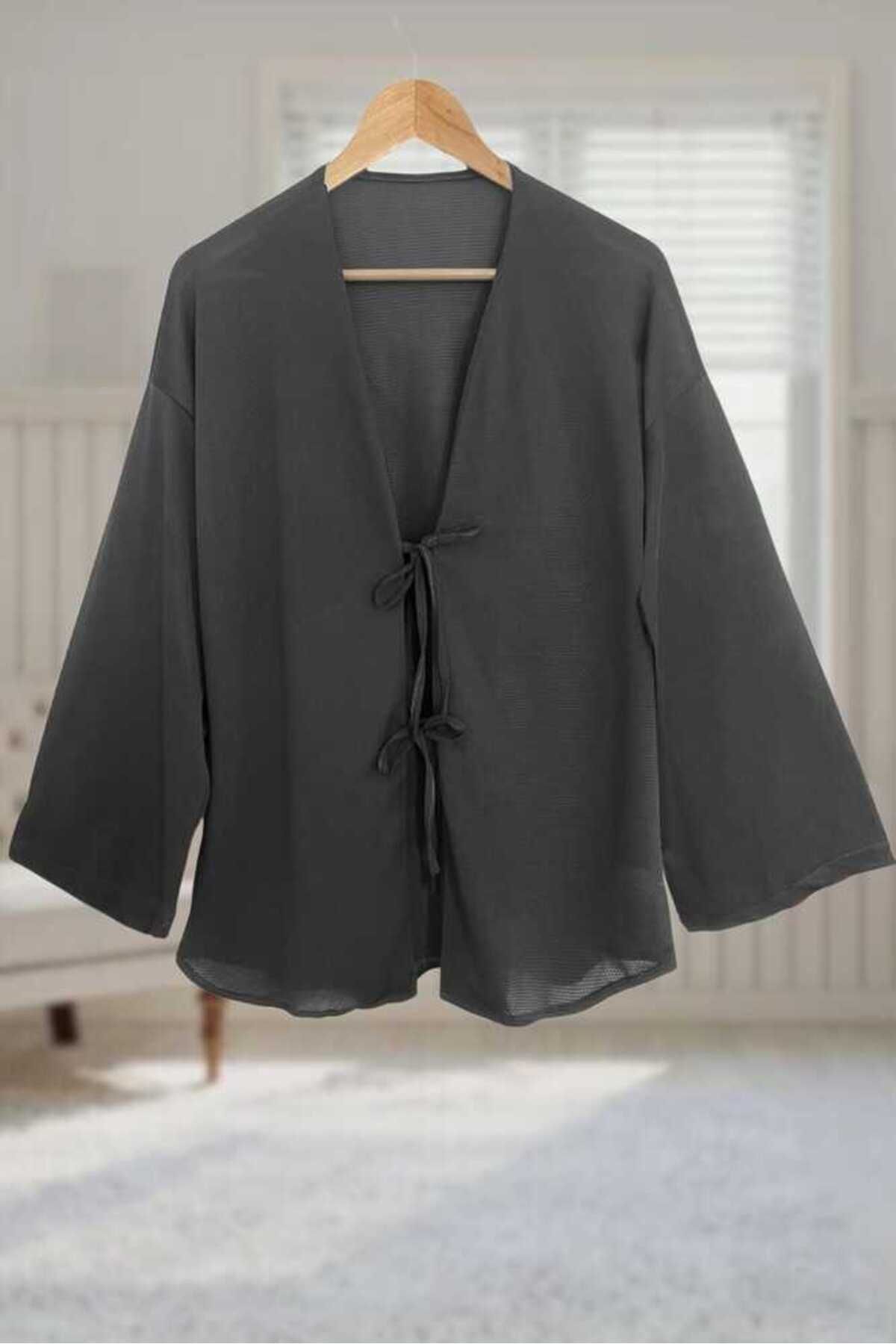 Aişe tesettür Füme Önü Bağlamalı Kimono Tunik / Likralı Yazlık Kumaş