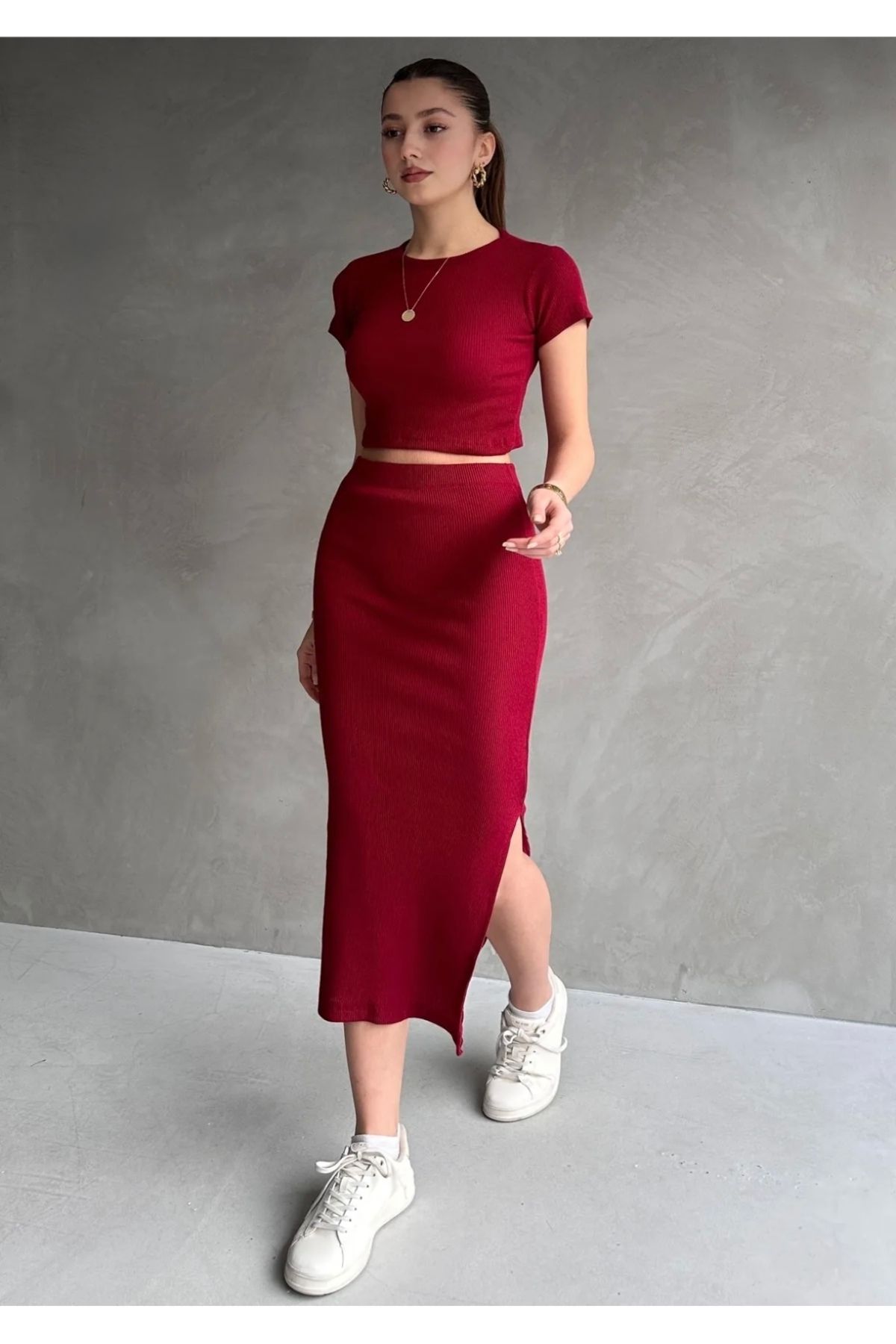 İYMES COLLECTİON Kadın yırtmaçlı kaşkorse etekli Crop alt-üst takım