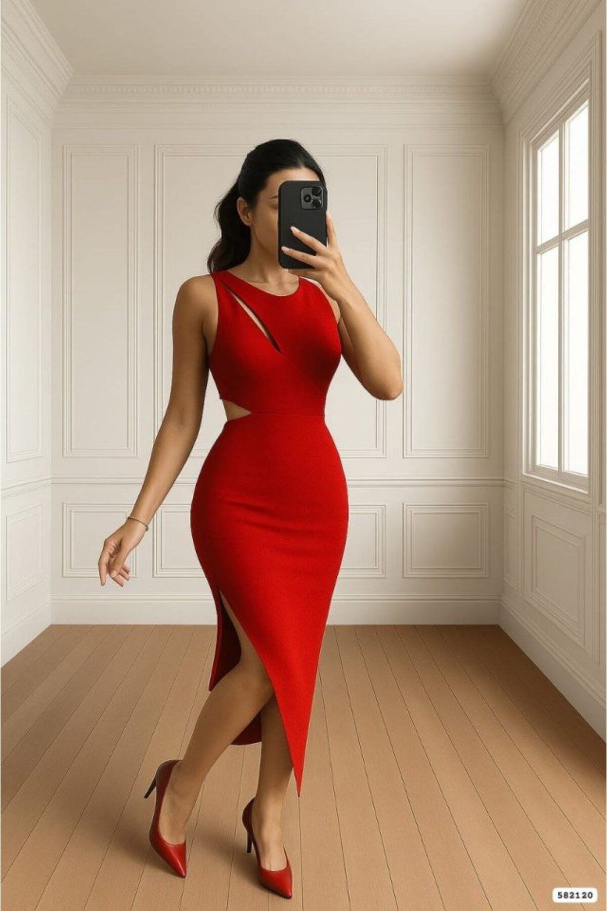 Gökyüzü Moda Kadın Goğüs Detaylı Sırt Dekoltelı Yırtmaç Detaylı Scuba Elbise