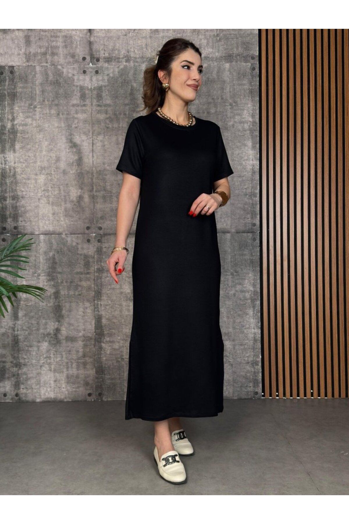 velmorafashion Kadın Kısa Kollu Bisiklet Yaka Yırtmaçlı Viskon Iki Iplik Elbise
