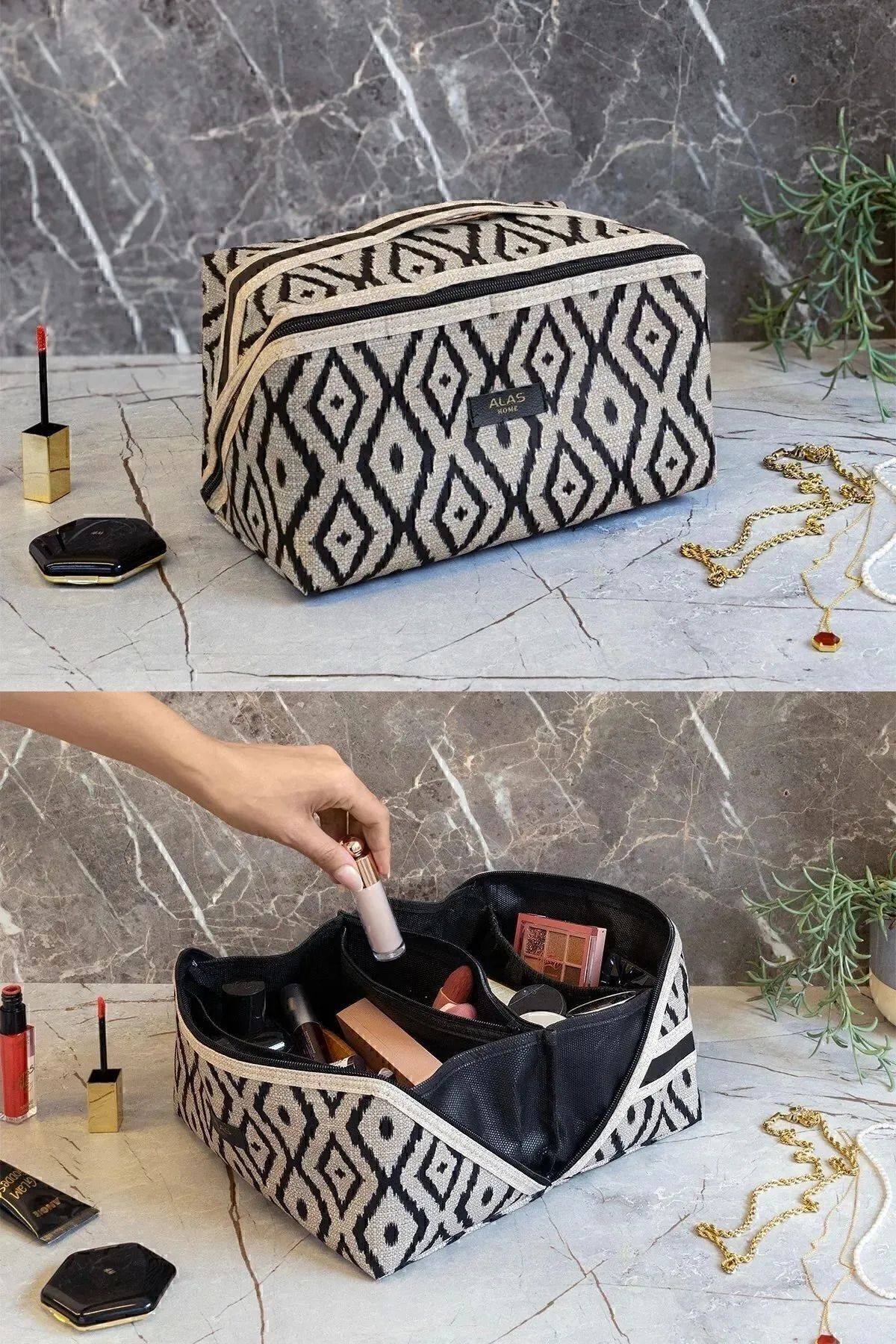 İNKOHA Bohem Desenli Makyaj Çantası Kozmetik Organizer Fermuarlı ve Geniş Hacimli Çanta