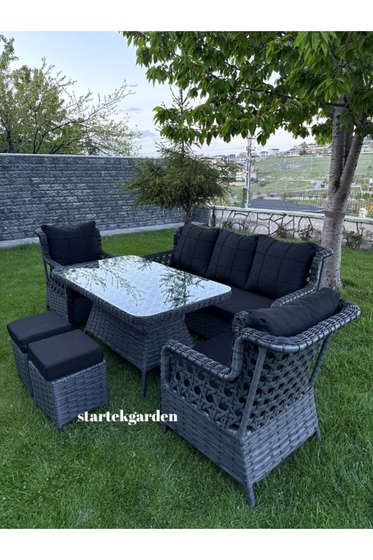 startek home garden Napoli Rattan Bahçe Balkon Masa Takımı (3-1-1) Antrasit