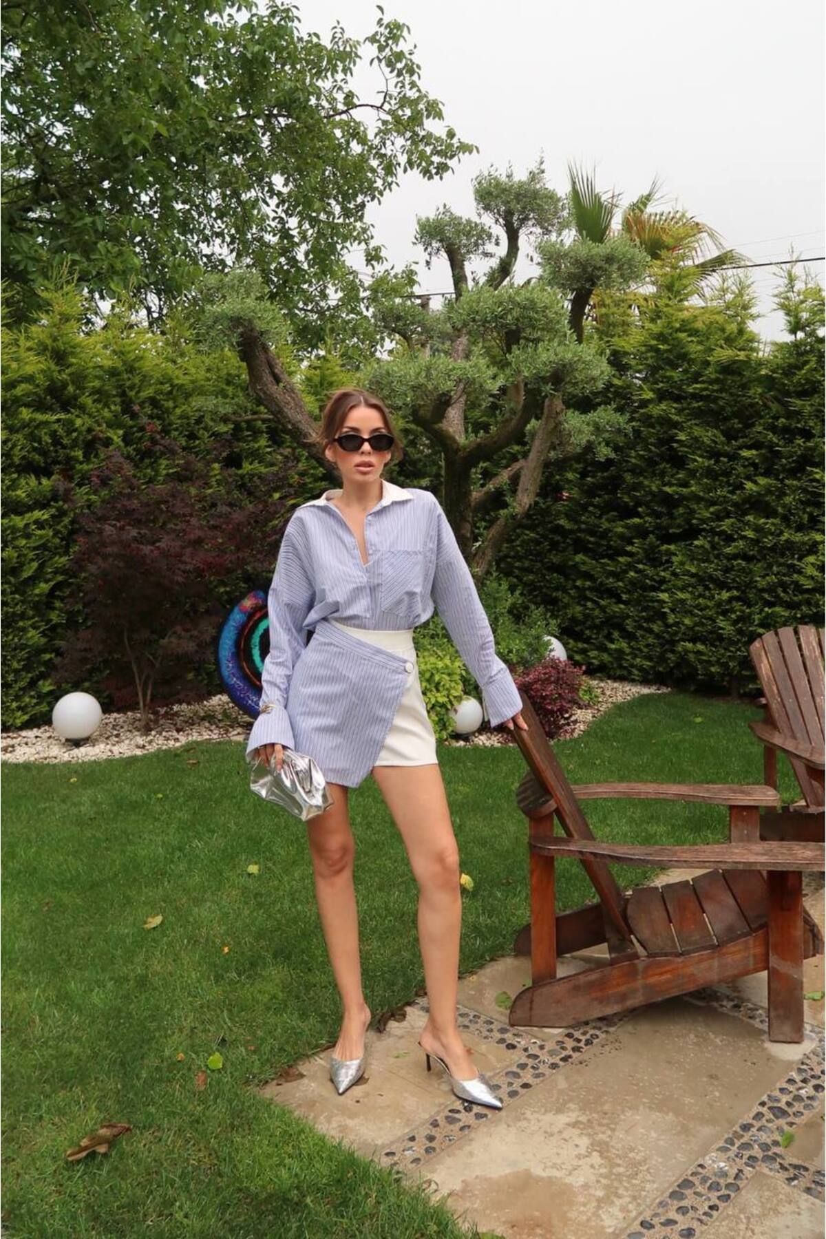 Castivo Fashion Çift Renk Yaka Detaylı Oversize Çizgili Kadın Gömlek