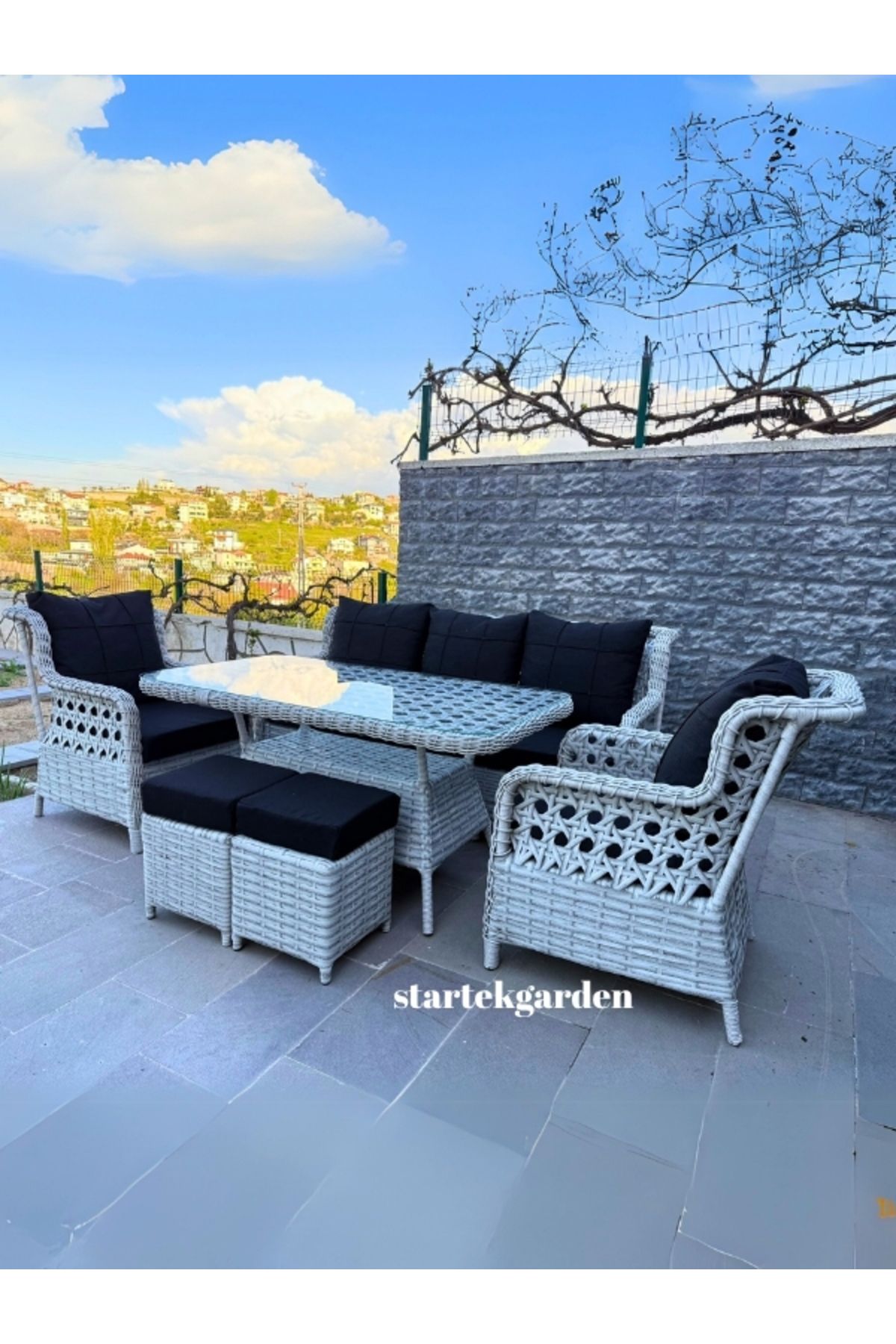startek home garden Napoli Rattan Bahçe Balkon Masa Takımı (3-1-1) Puflu Kırık Beyaz