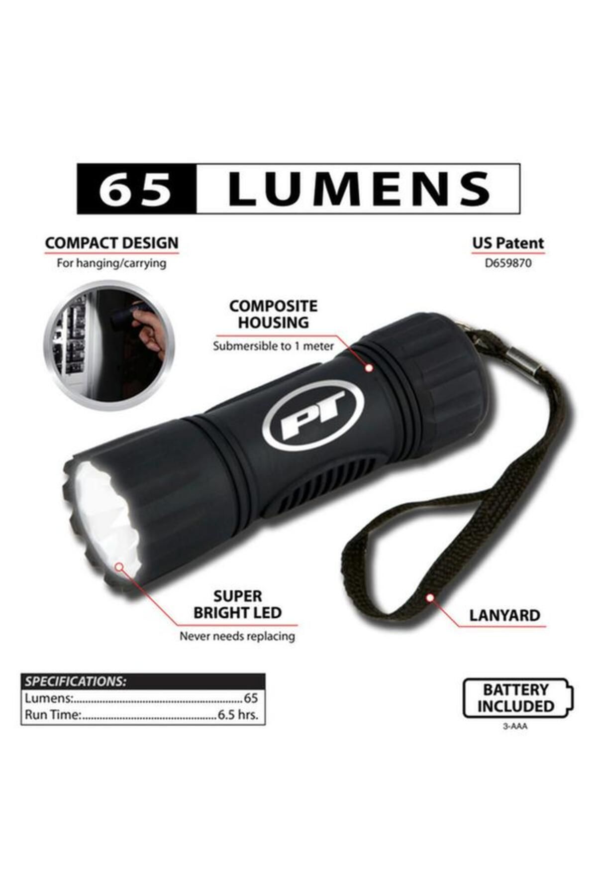 Generic-Performance Tool 65-Lumens Storm Composite LED Flashlight Black W2456 2