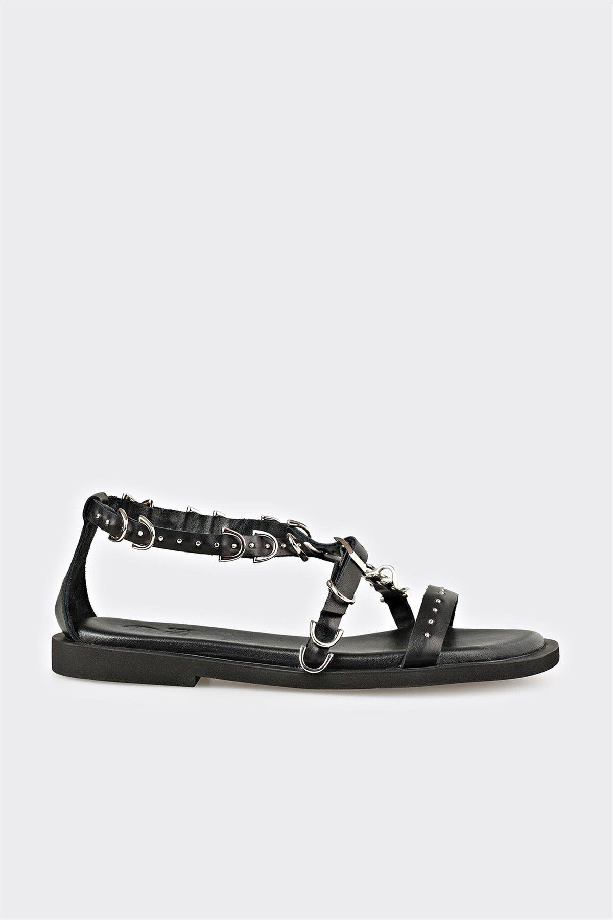 Elle Shoes Siyah Deri Kadın Düz Sandalet