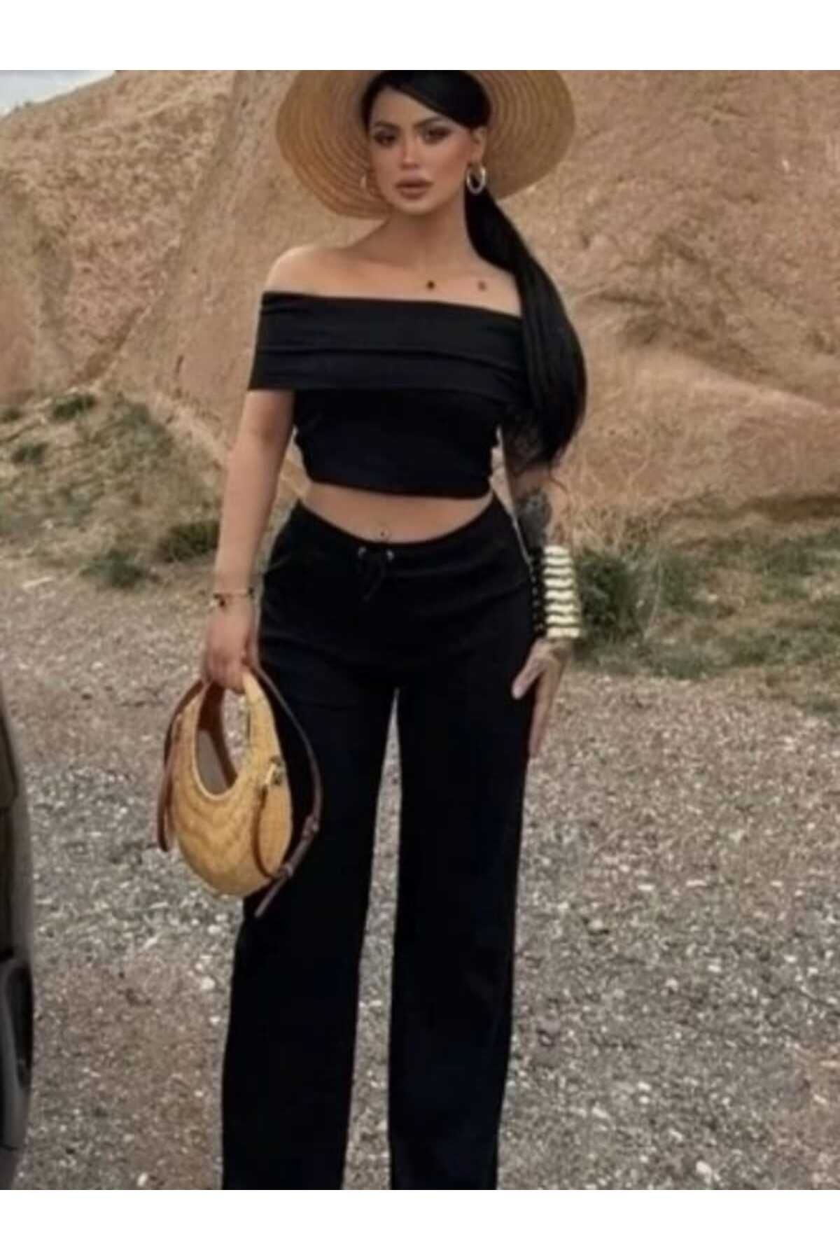 MODA Kadın Madonna Yaka Crop Tişört-Bol Paça Alt Cotton Kaşkorse Takım