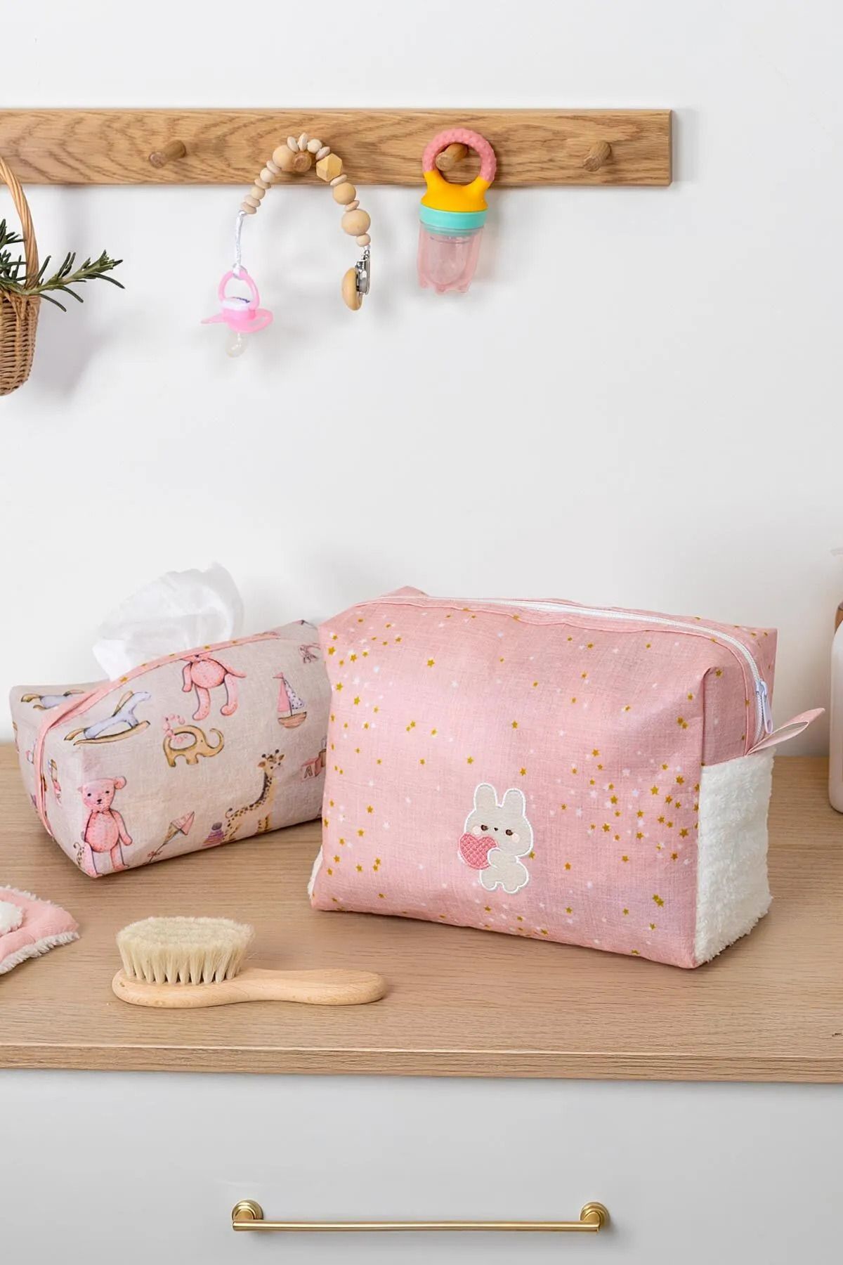 İNKOHA Baby Pembe İkili Çanta Düzenleyici – Islak Mendil ve Bebek Aksesuarları İçin Pratik Organizer