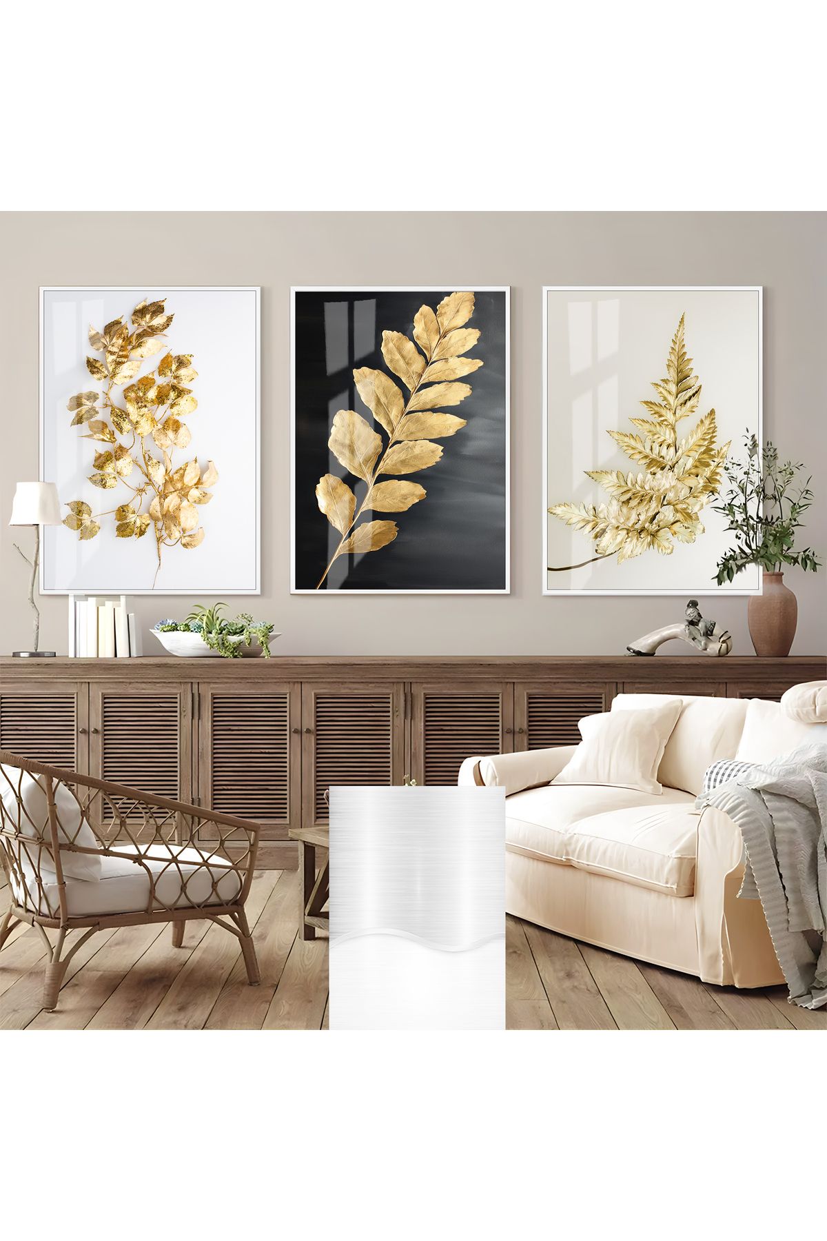 Harikabirev HARİKABİREV|GOLD YAPRAKLI KOMBİNİ (FROND)|ÇERÇEVELİ CAM TABLO 3LÜ DİKEY