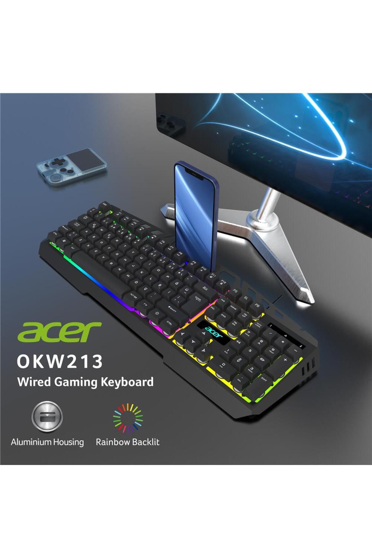 Vobotek Teknoloji Acer OKW213 Siyah RGB Rainbow Backlit Gaming Keyboard Rainbow (Kablo Uzunluğu 1,5mt)