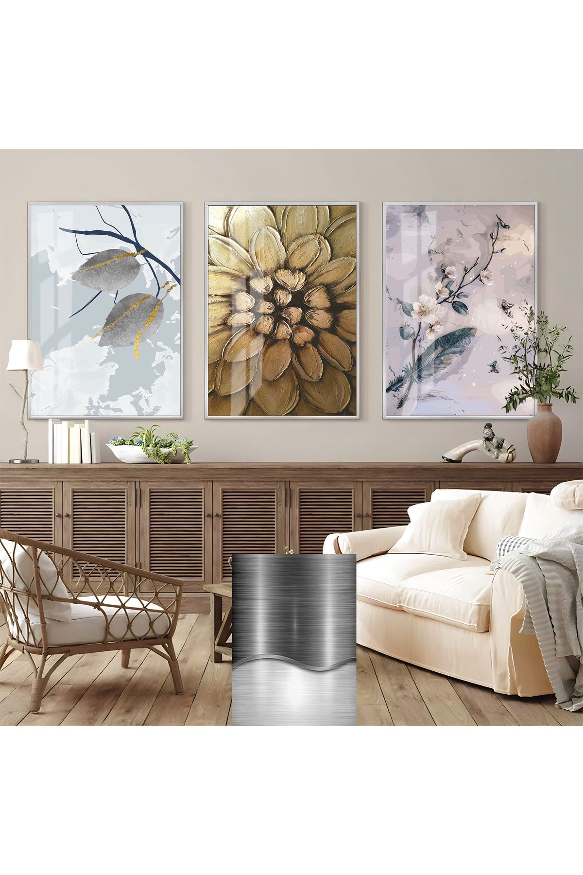 Harikabirev HARİKABİREV|ORTANCA ÇİÇEK KOMBİNİ(PAINTING)|ÇERÇEVELİ CAM TABLO 3LÜ DİKEY