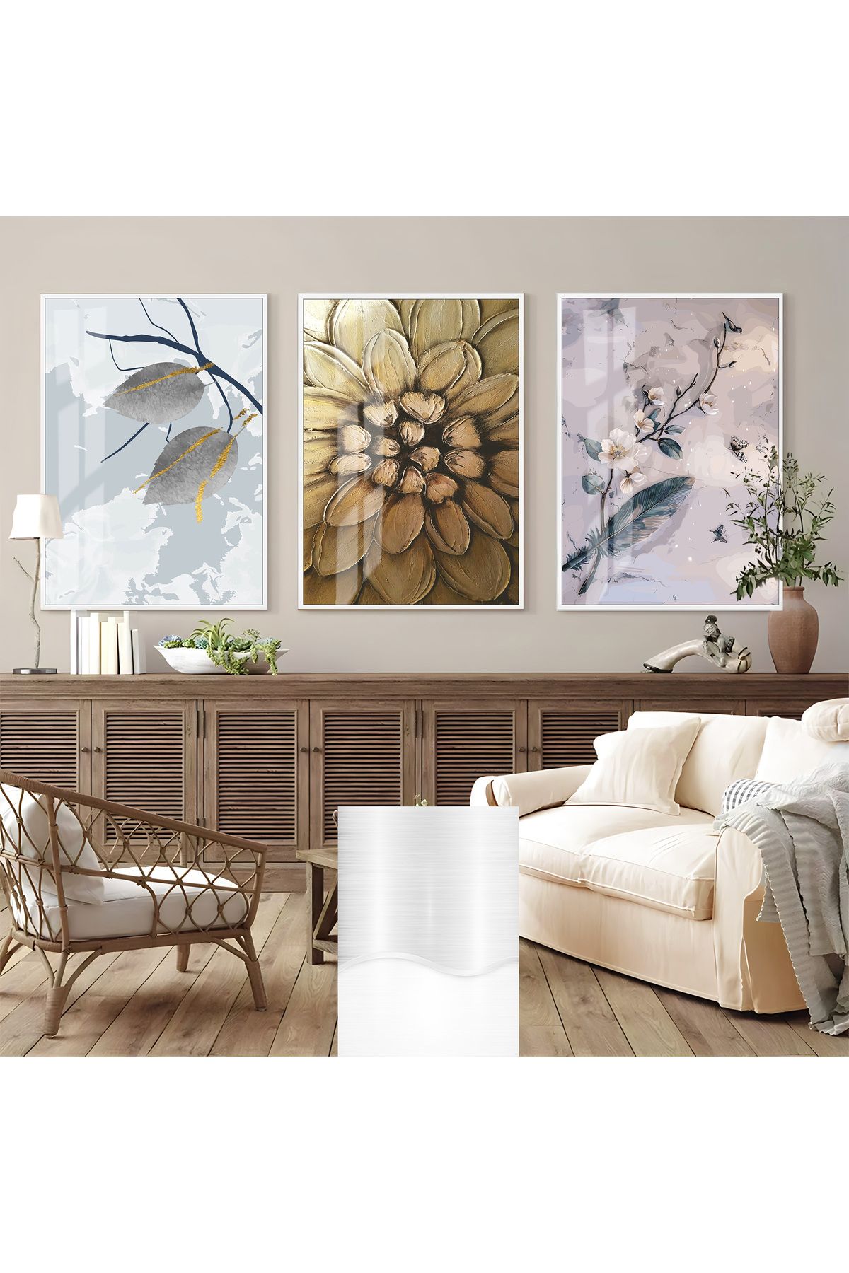 Harikabirev HARİKABİREV|ORTANCA ÇİÇEK KOMBİNİ(PAINTING)|ÇERÇEVELİ CAM TABLO 3LÜ DİKEY