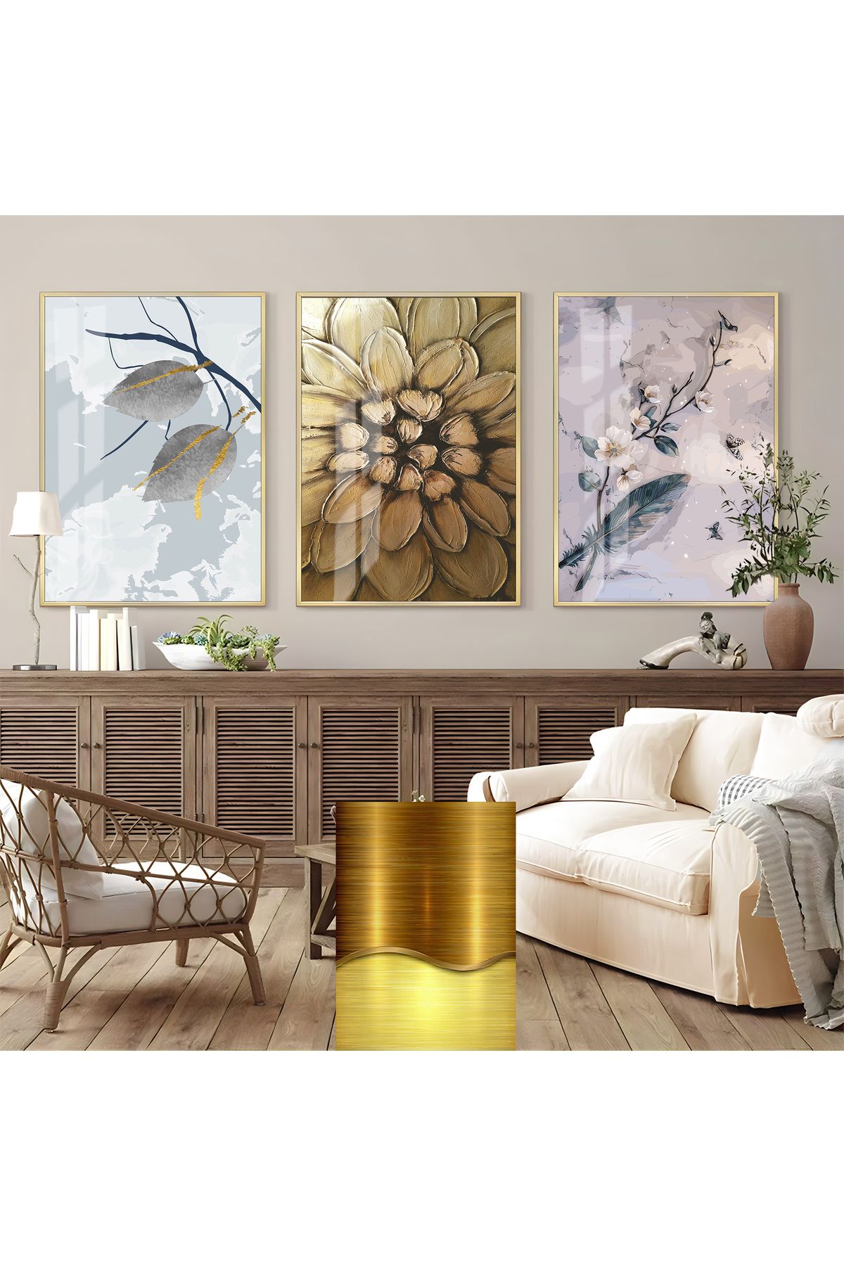 Harikabirev HARİKABİREV|ORTANCA ÇİÇEK KOMBİNİ(PAINTING)|ÇERÇEVELİ CAM TABLO 3LÜ DİKEY