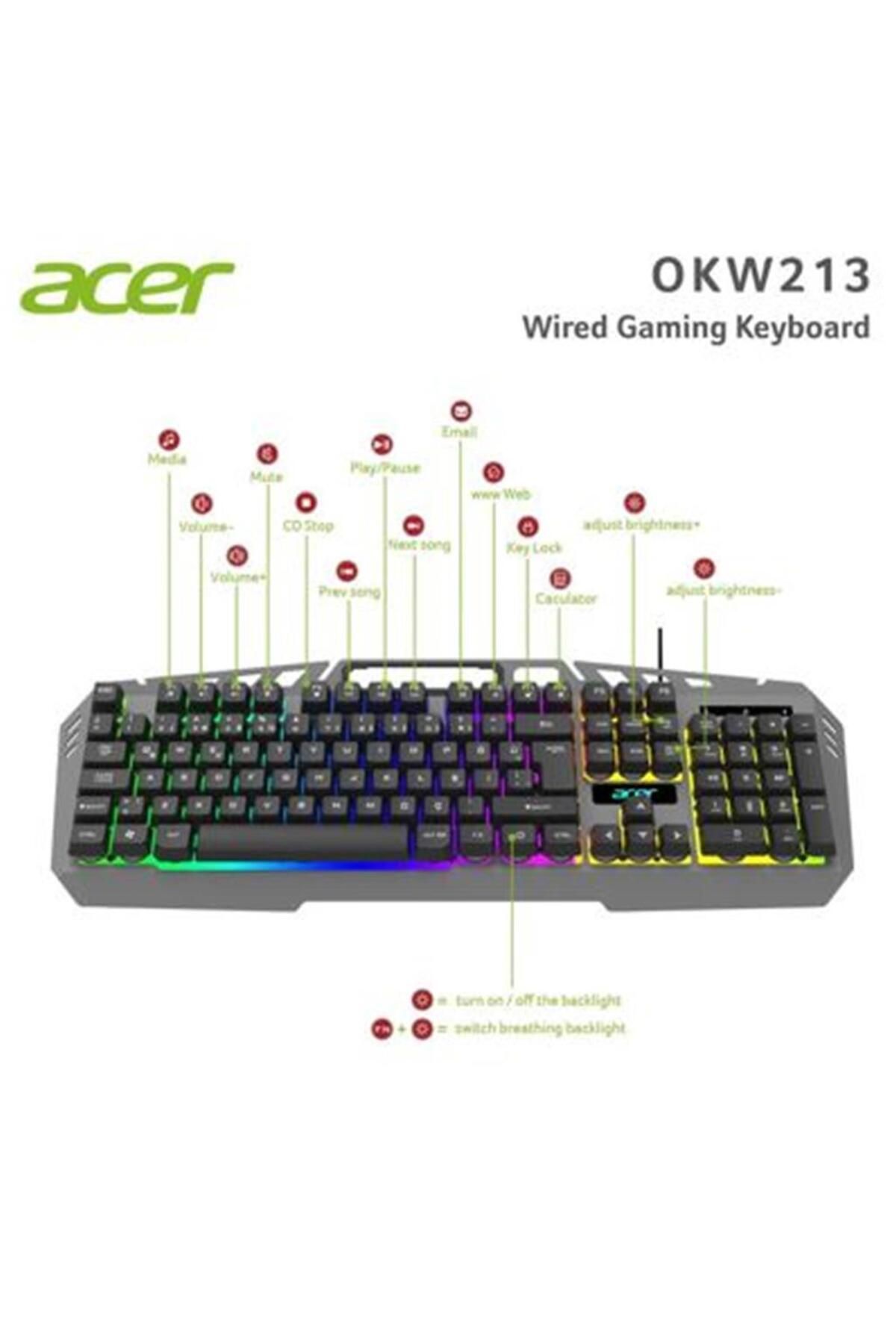 Vobotek Teknoloji Acer OKW213 Gri RGB Rainbow Backlit Gaming Keyboard Rainbow (Kablo Uzunluğu 1,5mt)