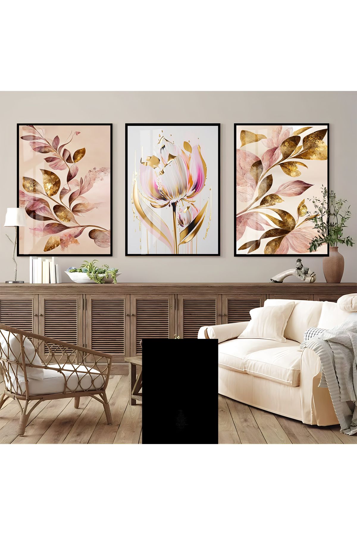 Harikabirev HARİKABİREV| PEMBE GOLD GÜL KOMBİN (ROSE) |ÇERÇEVELİ CAM TABLO 3LÜ DİKEY