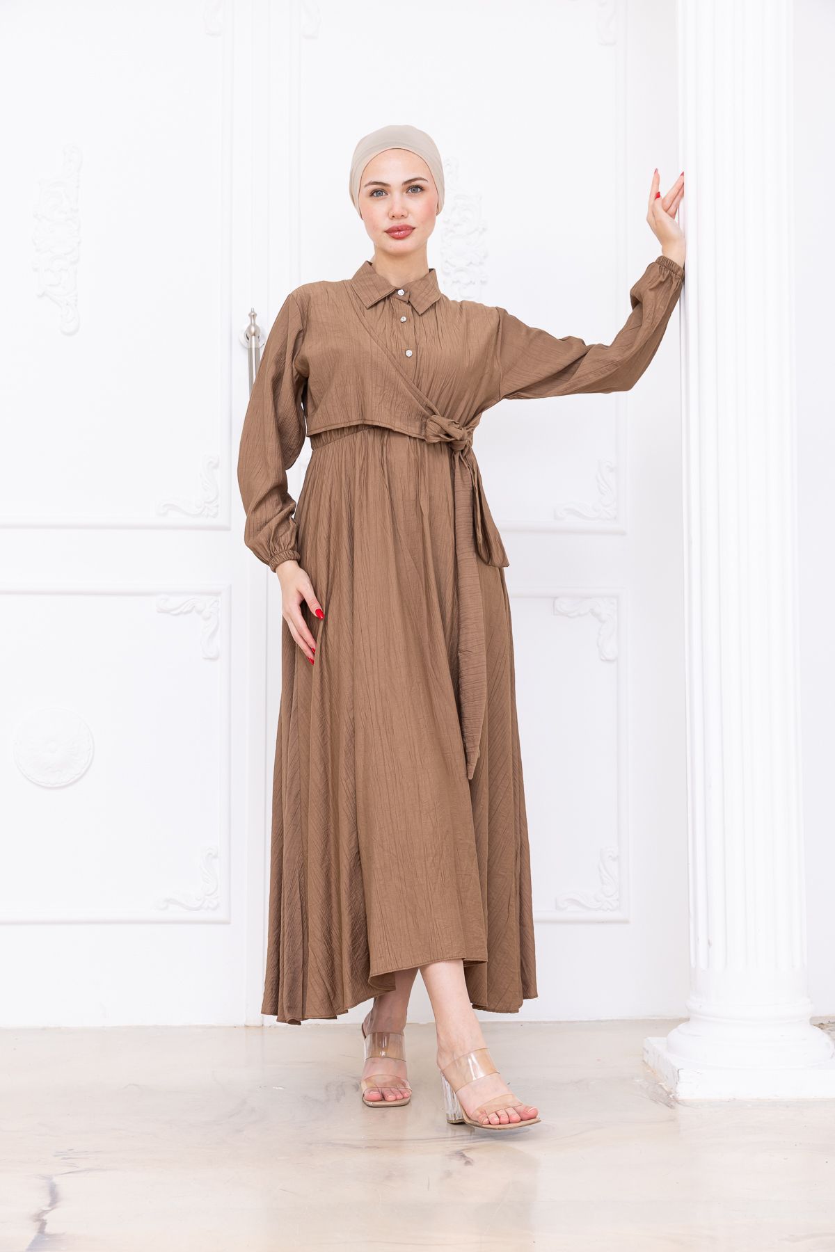 SiSorti Moda Düğmeli Kuşak Detaylı Tesettür Elbise