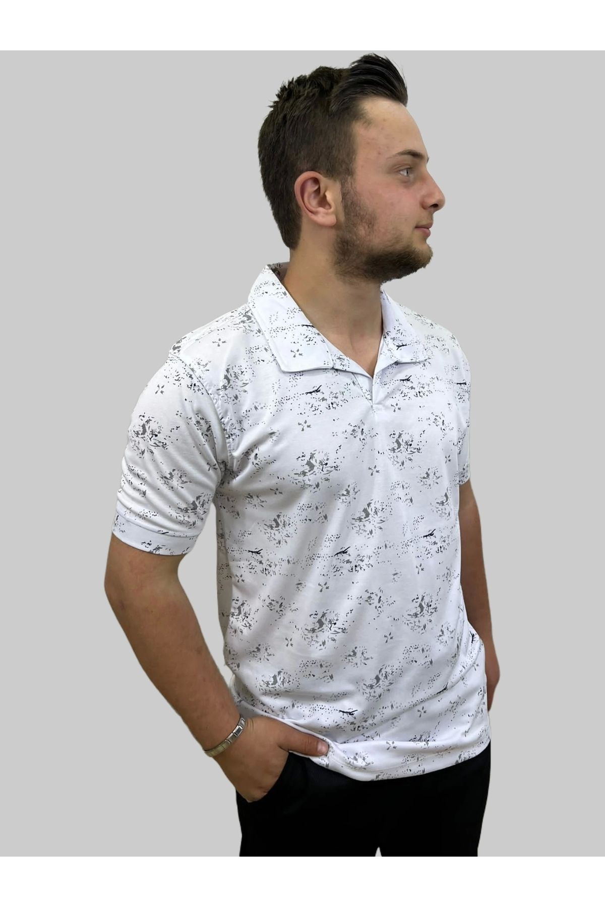 daniel milano Erkek Gnsn Desenli Oxfort Polo Yaka Beyaz Tişört