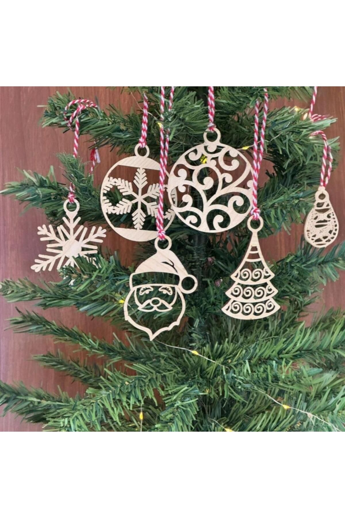 SANEC ® 6 Parça Kırmızı Beyaz İpli Noel Babalı ve Kar Tanesi Model Ahşap Yılbaşı Ağaç Süsü