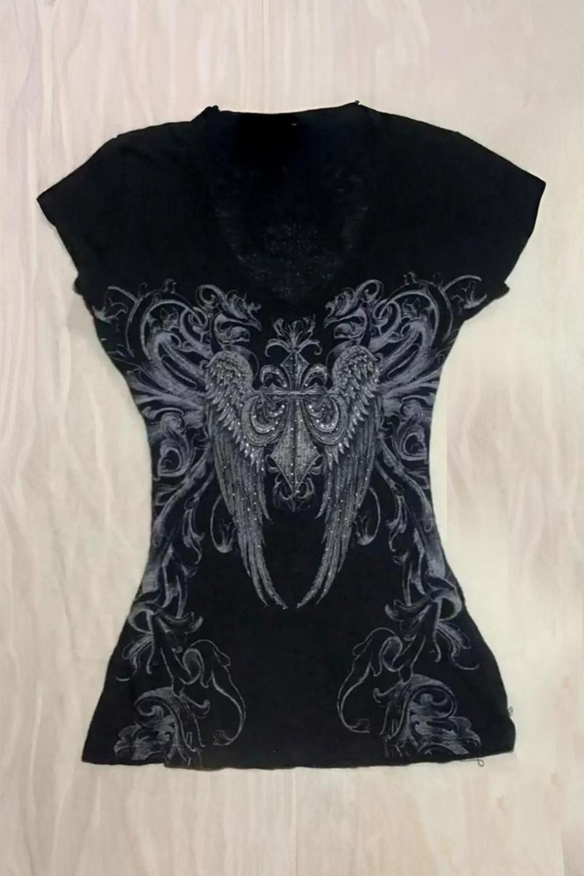 Karakedi Siyah Vintage Gotik Wing Kısa Y2K Kollu Crop