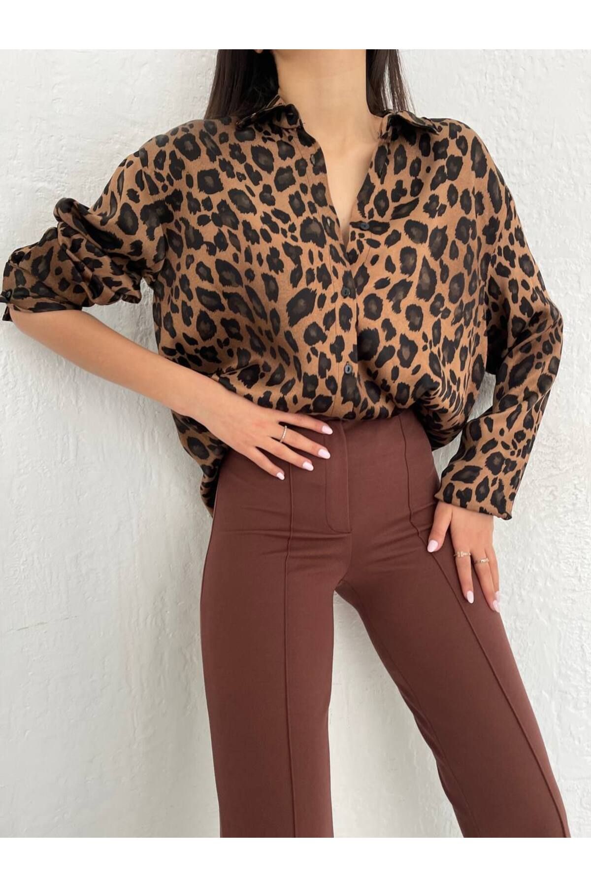 Mixray Saten Leopar Desenli Gömlek