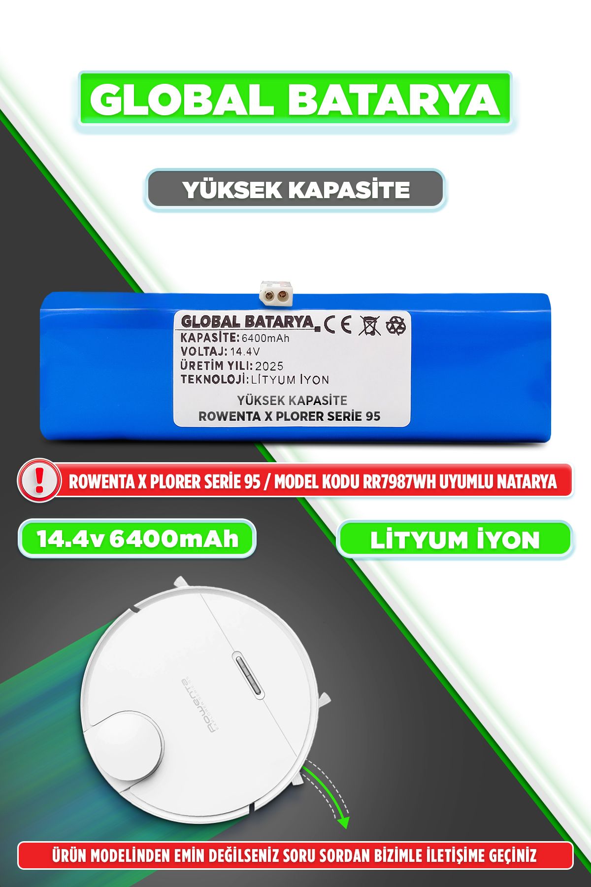 GLOBAL BATARYA Rowenta X Plorer Serie 95 Uyumlu Batarya 14.4v 6400mAh Li-ion Pil (Yüksek Kapasite)